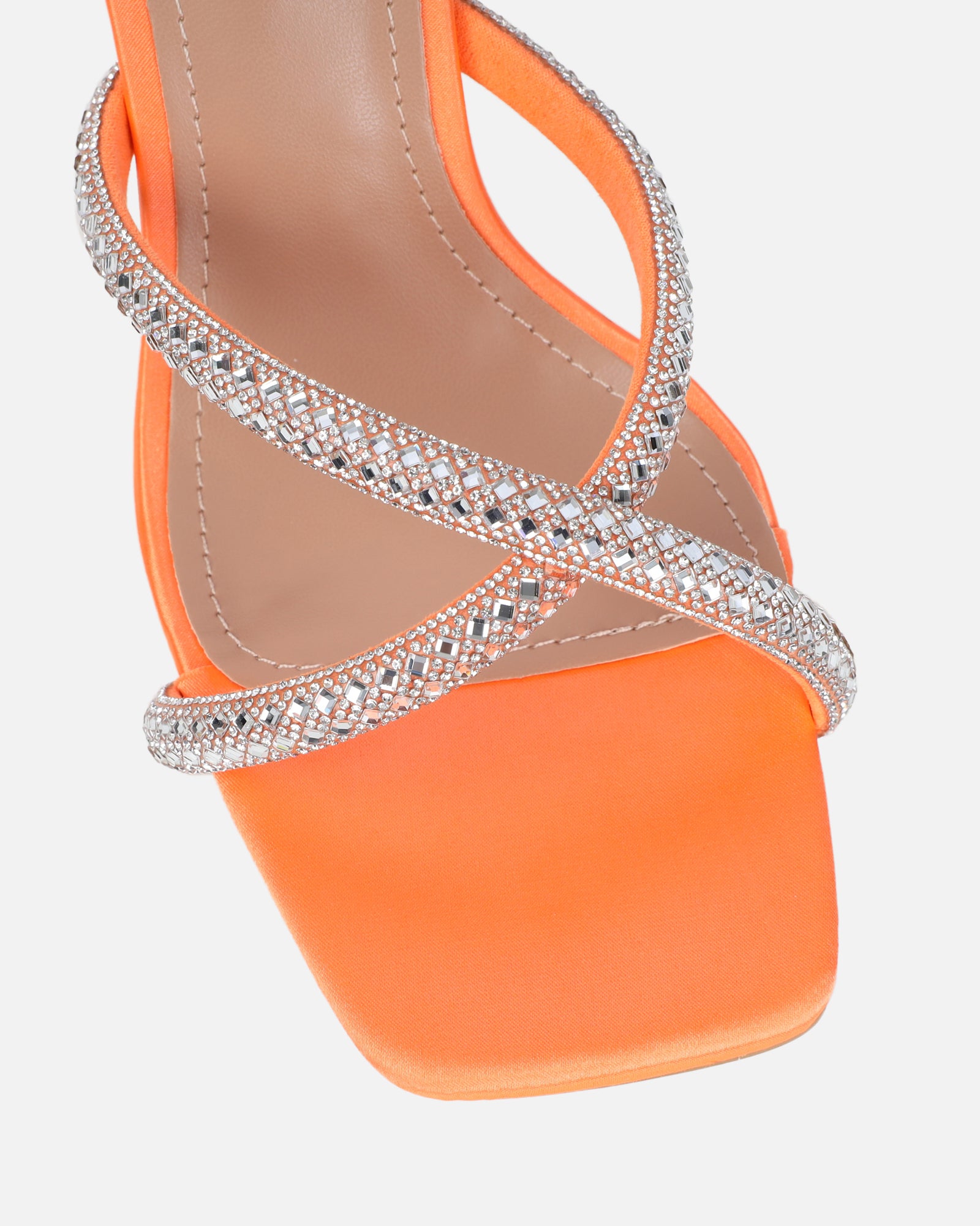 Aubriella Orange Satin Diamante Mule Heeled Sandals | SIMMI London