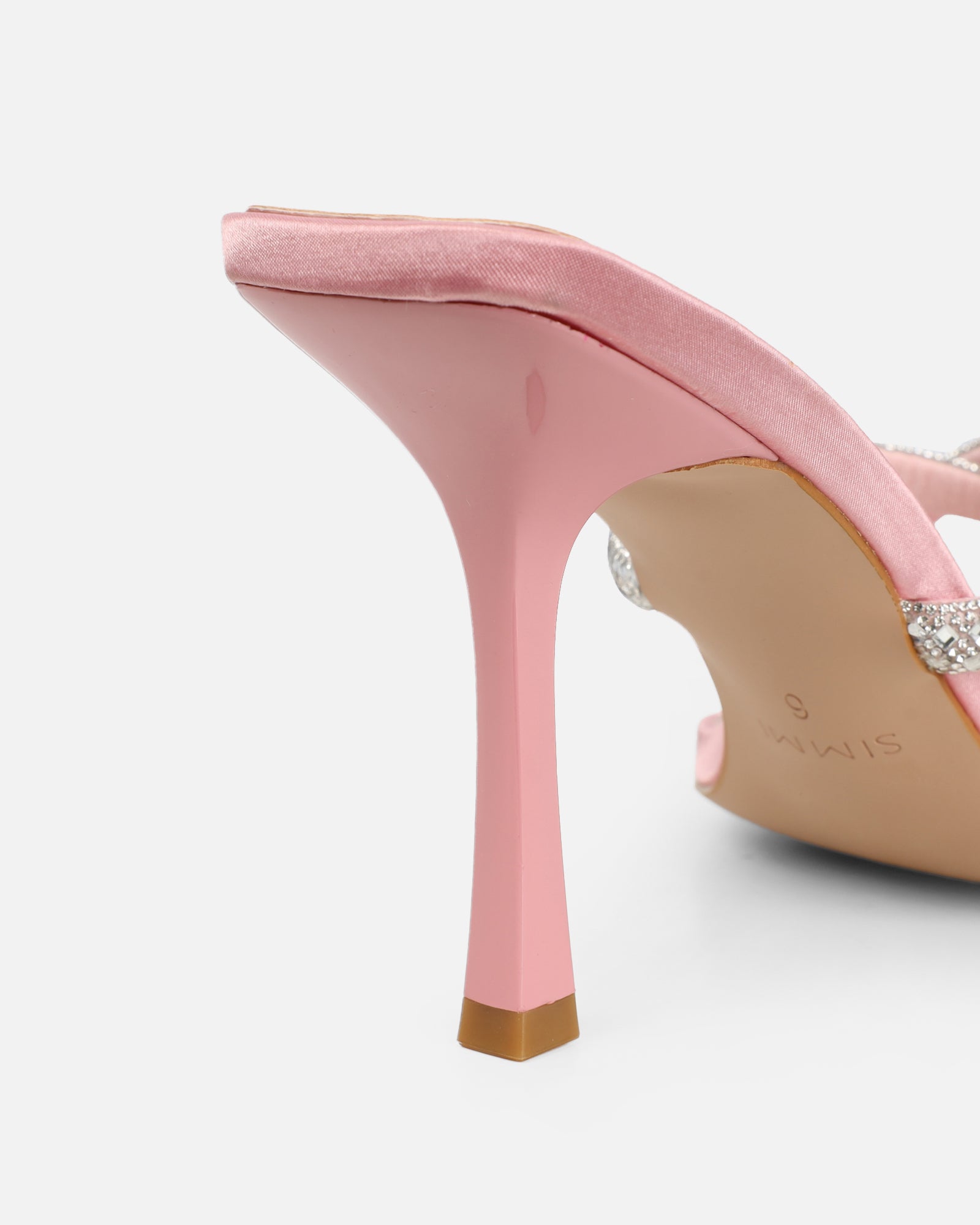 Aubriella Pink Satin Diamante Mule Heeled Sandals | SIMMI London