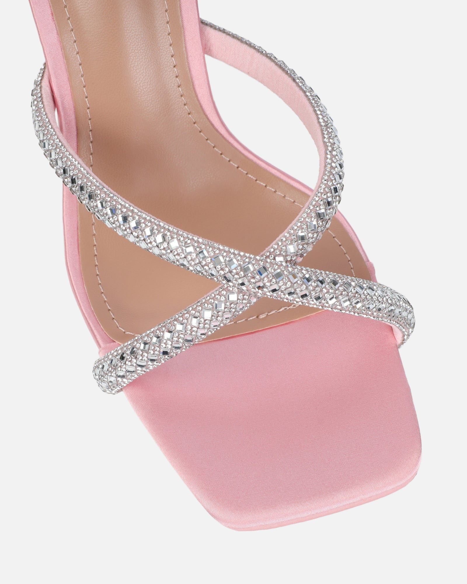 Aubriella Pink Satin Diamante Mule Heeled Sandals | SIMMI London