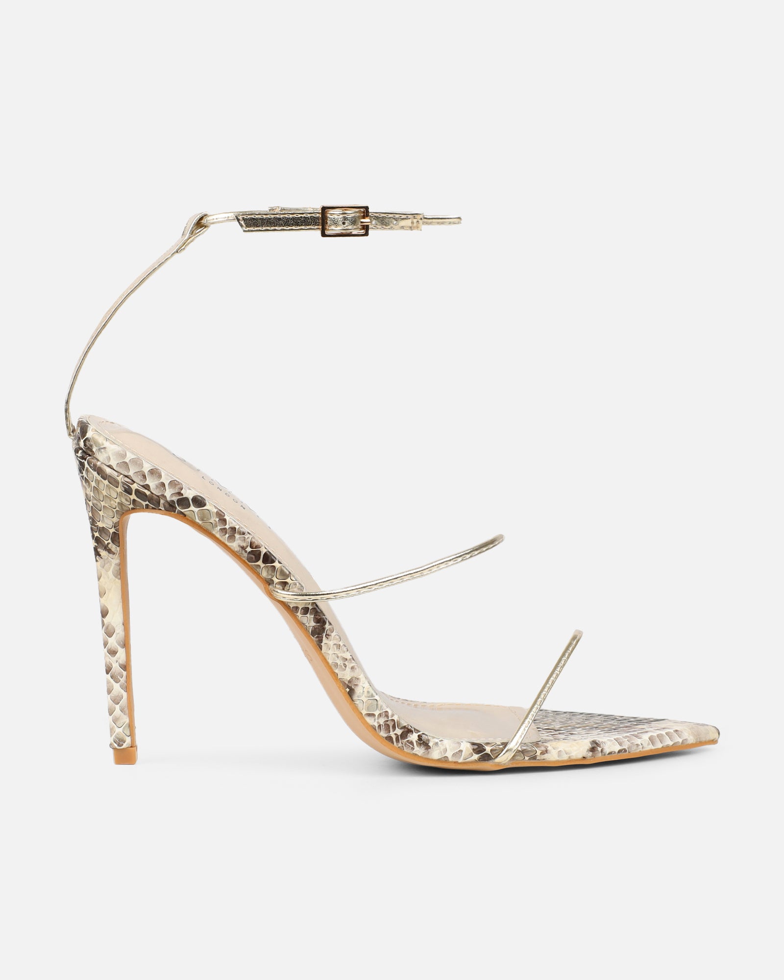 Madia Gold Faux Snake Strappy Heeled Sandals | SIMMI London