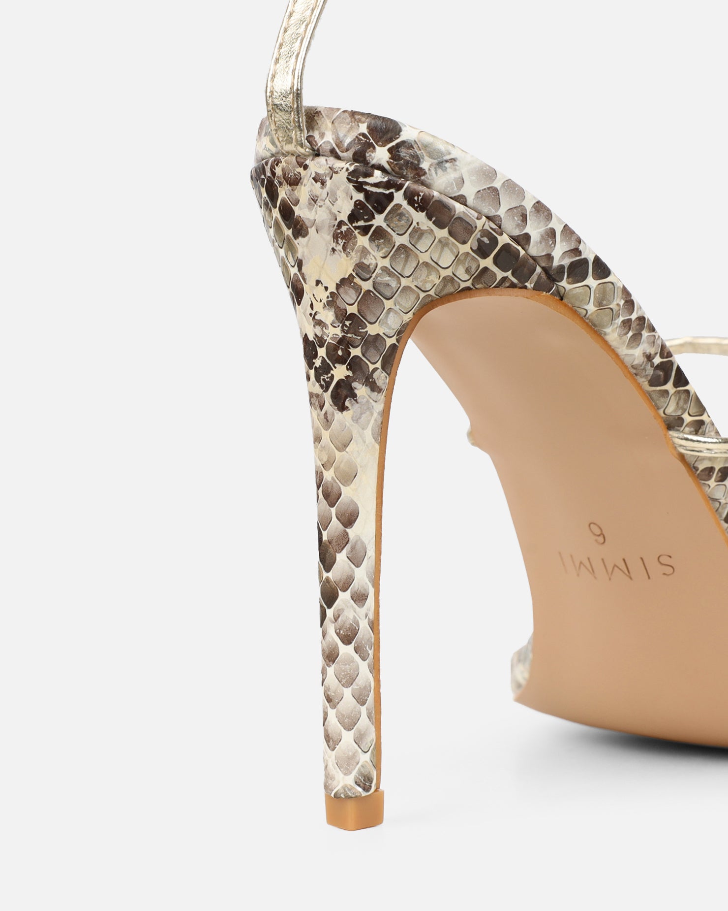 Madia Gold Faux Snake Strappy Heeled Sandals | SIMMI London