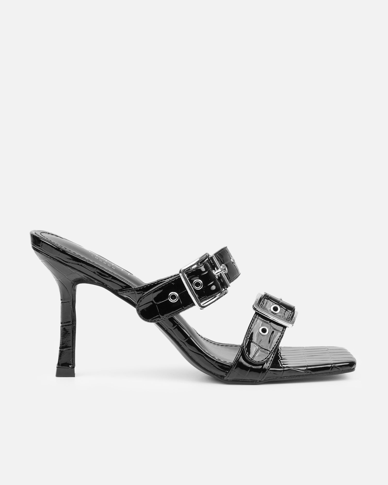 Magdalena Black Faux Croc Print Heeled Sandals | SIMMI London