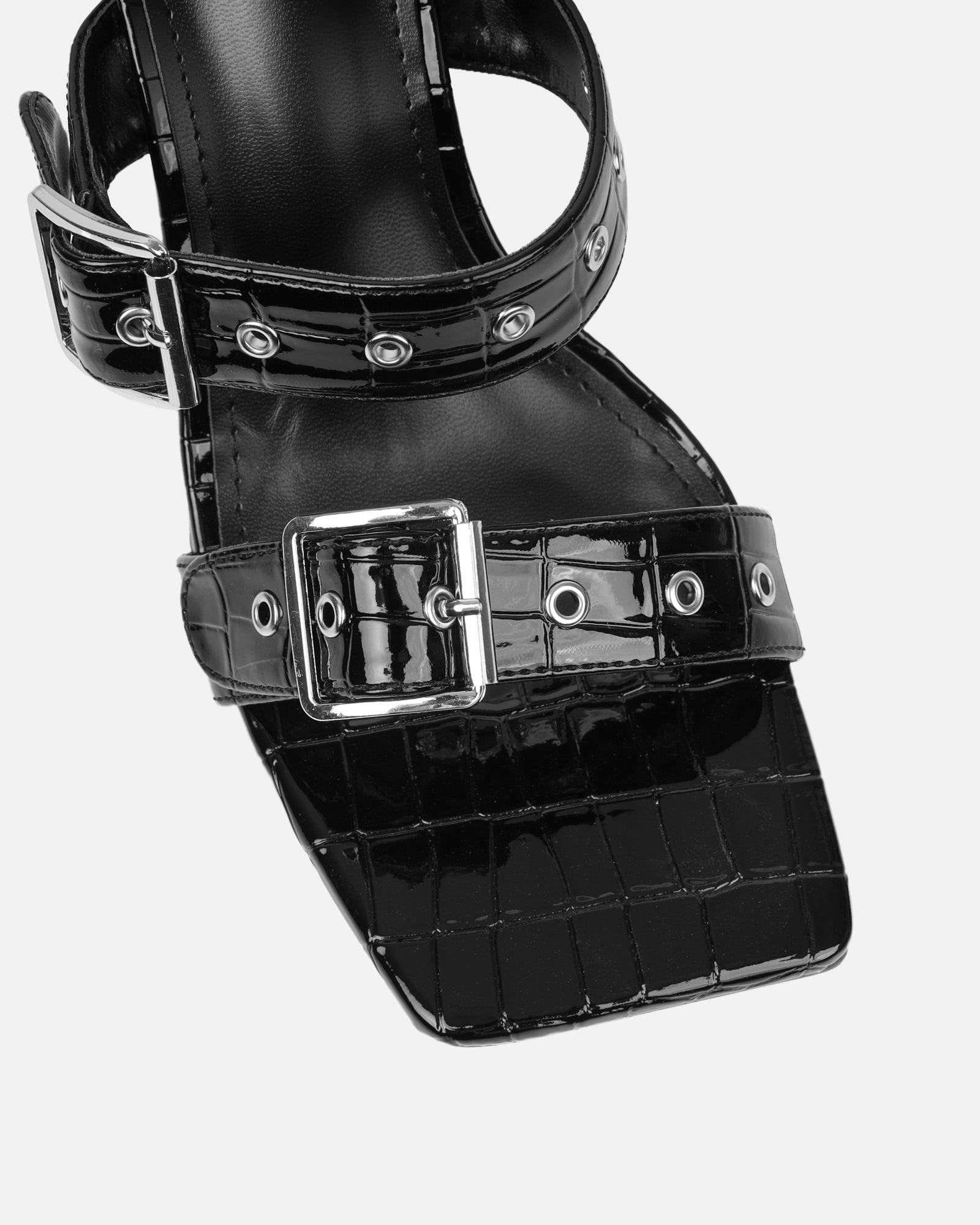 Magdalena Black Faux Croc Print Heeled Sandals | SIMMI London