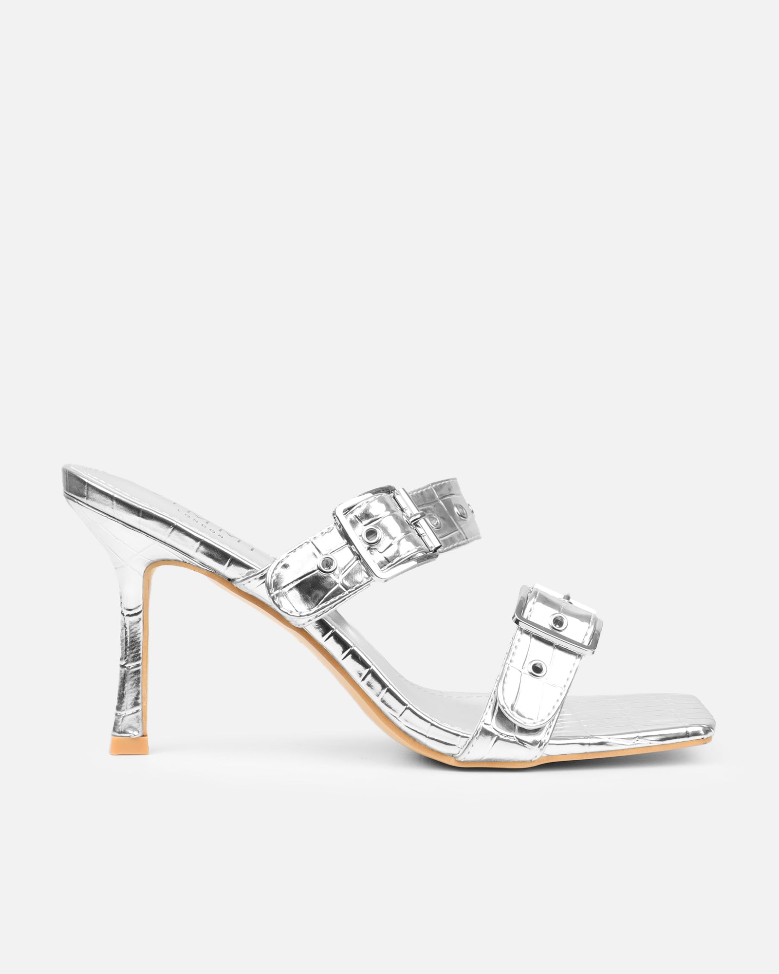 Magdalena Silver Faux Croc Print Heeled sandals | SIMMI London