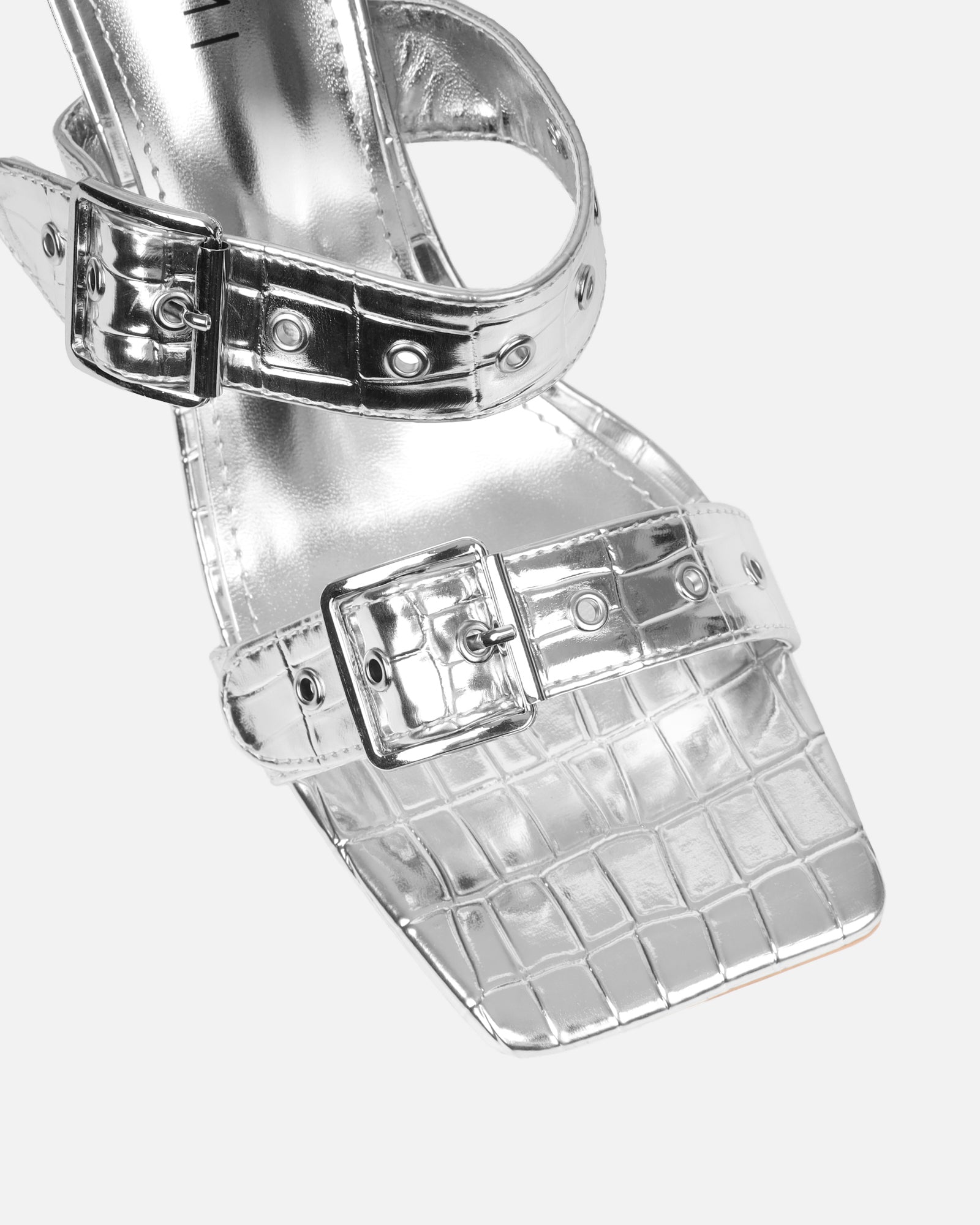 Magdalena Silver Faux Croc Print Heeled sandals | SIMMI London