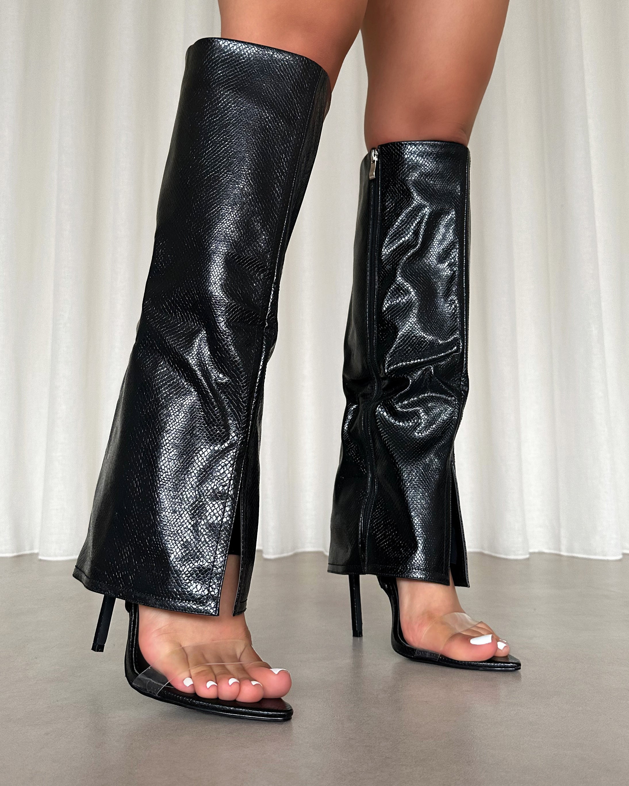 Makita Black Faux Snake Effect Stiletto Heeled Sandals | SIMMI London