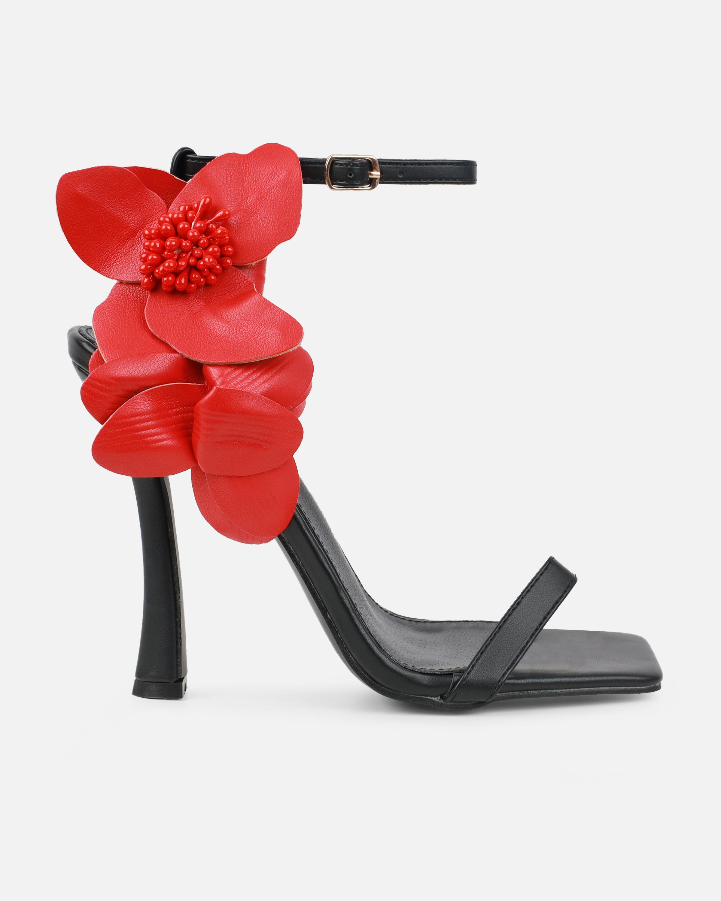 Maldive Black Heeled Sandals With Red Flower | SIMMI London