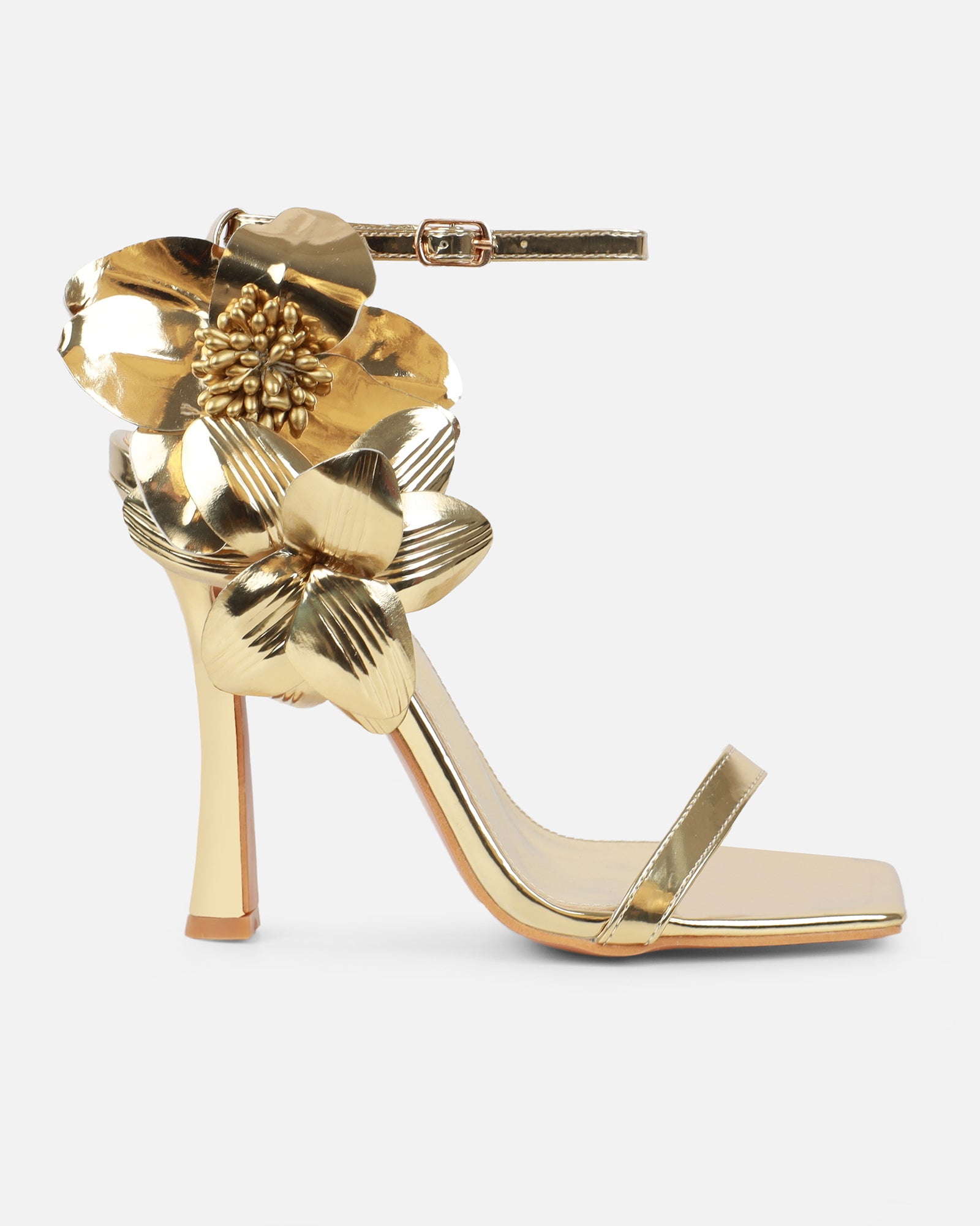 Maldive Gold Mirror Flower Heeled Sandals | SIMMI London