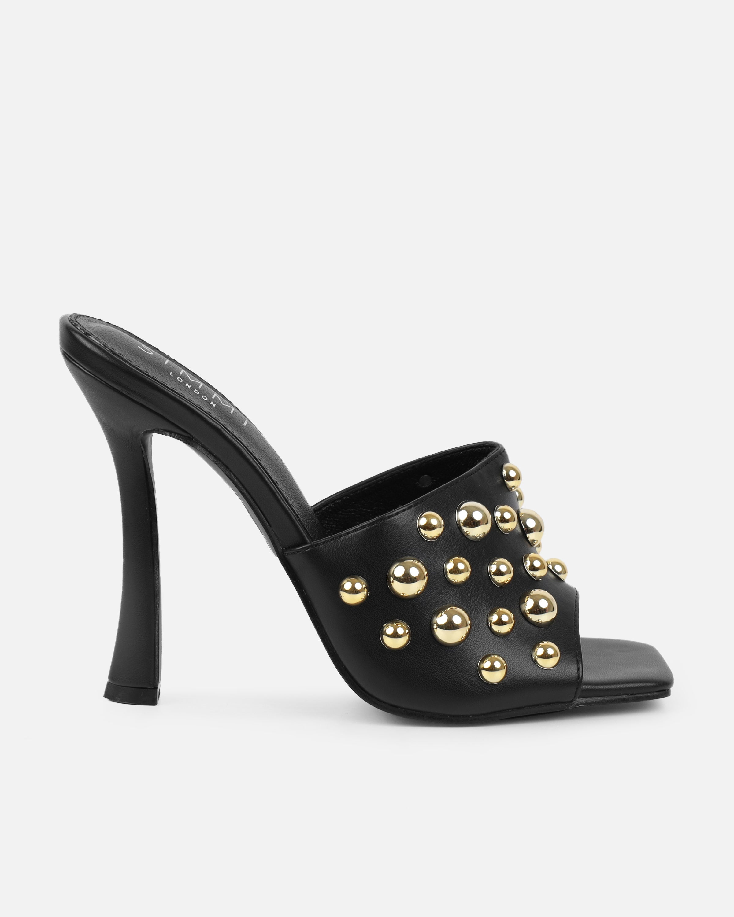Opalle Black Heeled Mules With Gold Studs | SIMMI London