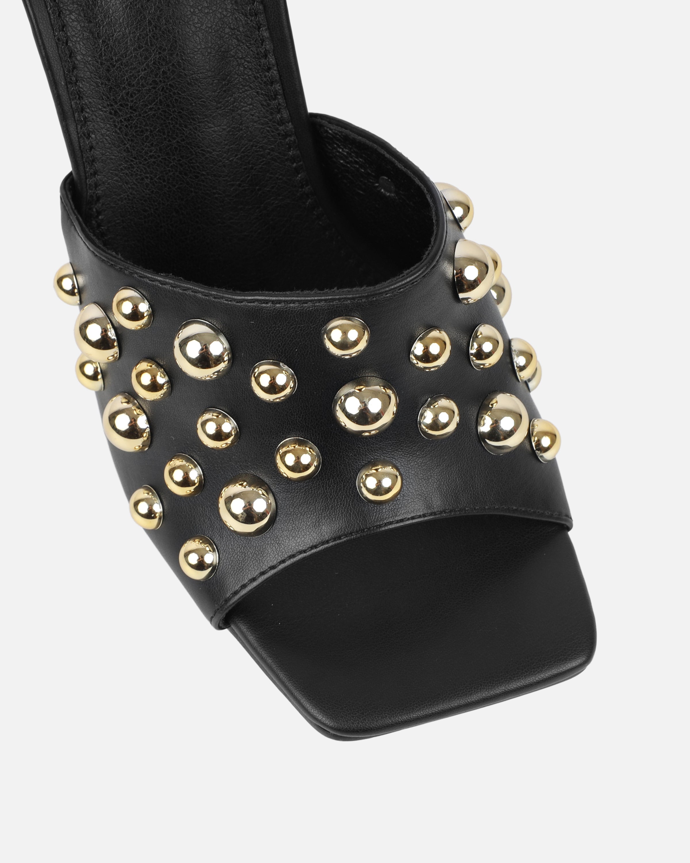 Opalle Black Heeled Mules With Gold Studs | SIMMI London