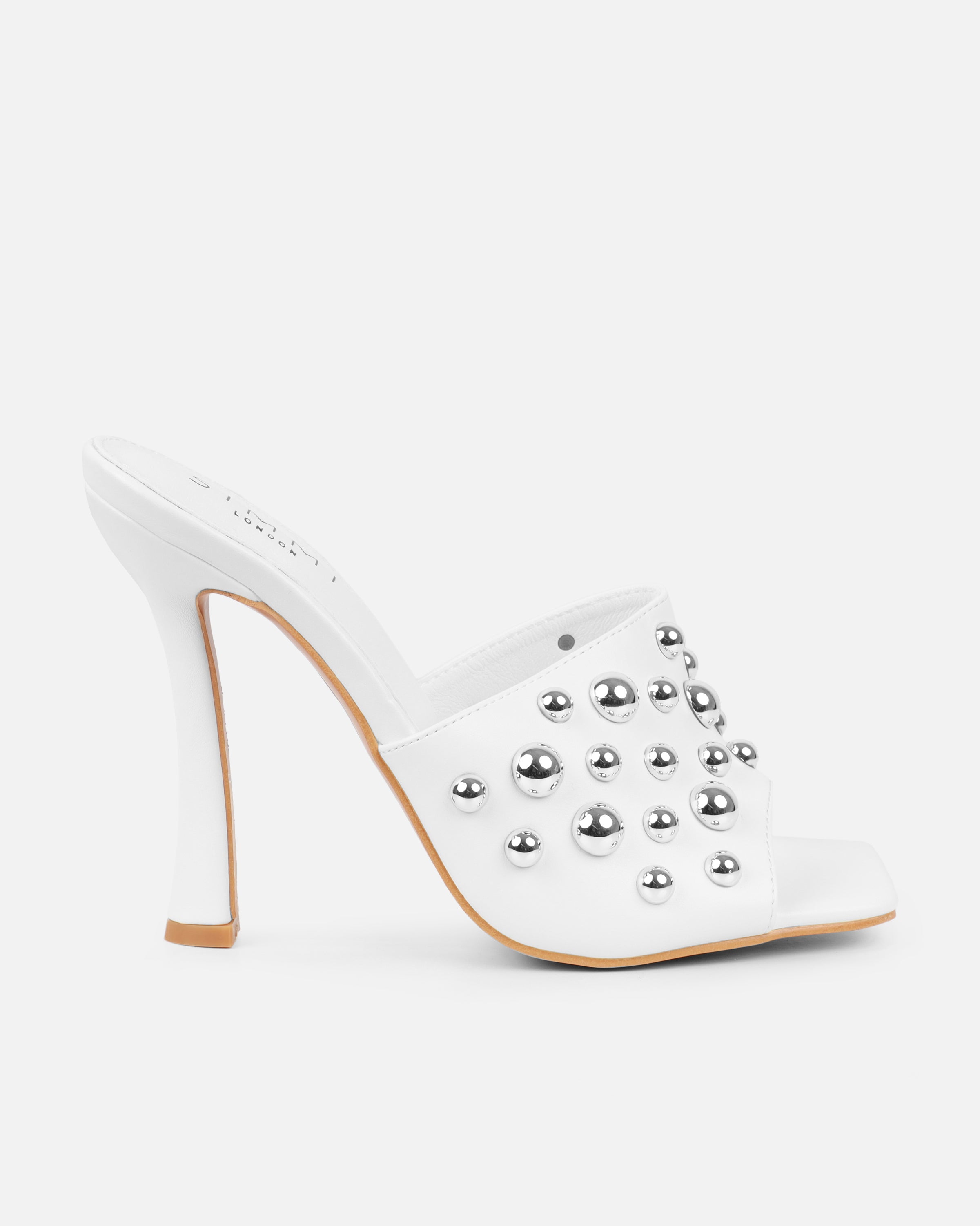 Opalle White Heeled Mules With Silver Studs | SIMMI London