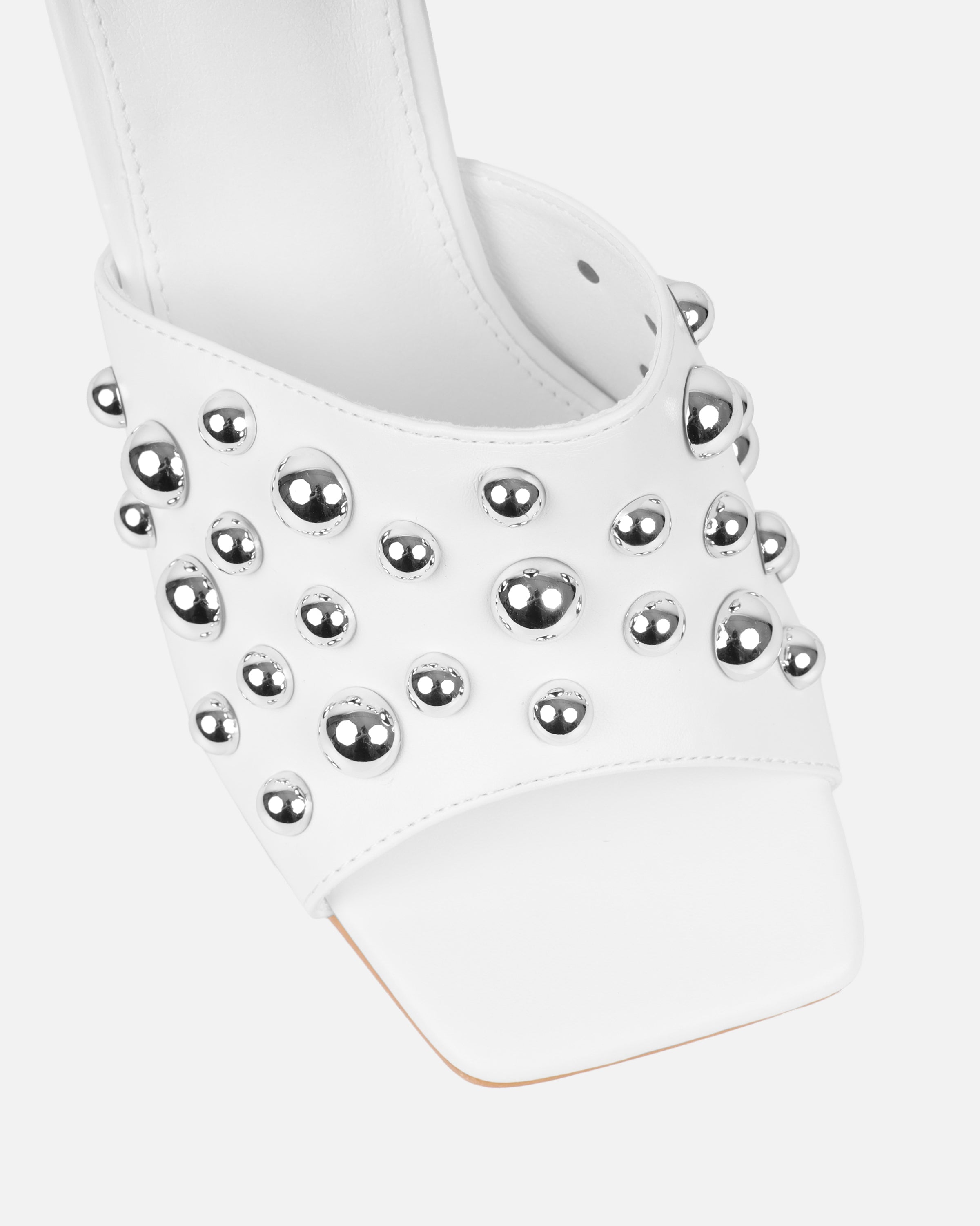 Opalle White Heeled Mules With Silver Studs | SIMMI London