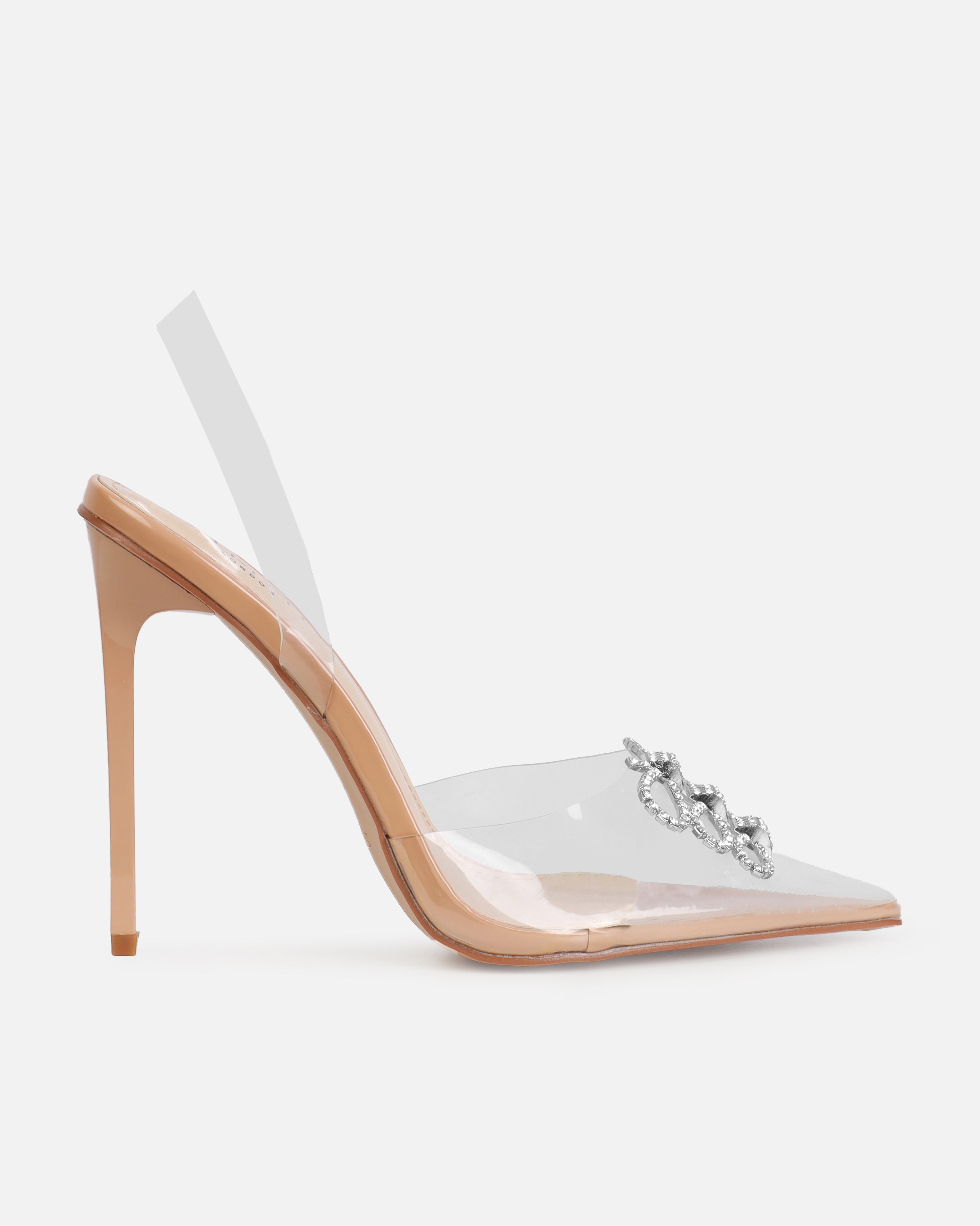 Malli Nude Clear Diamante Bow Slingback Court Heels | SIMMI London