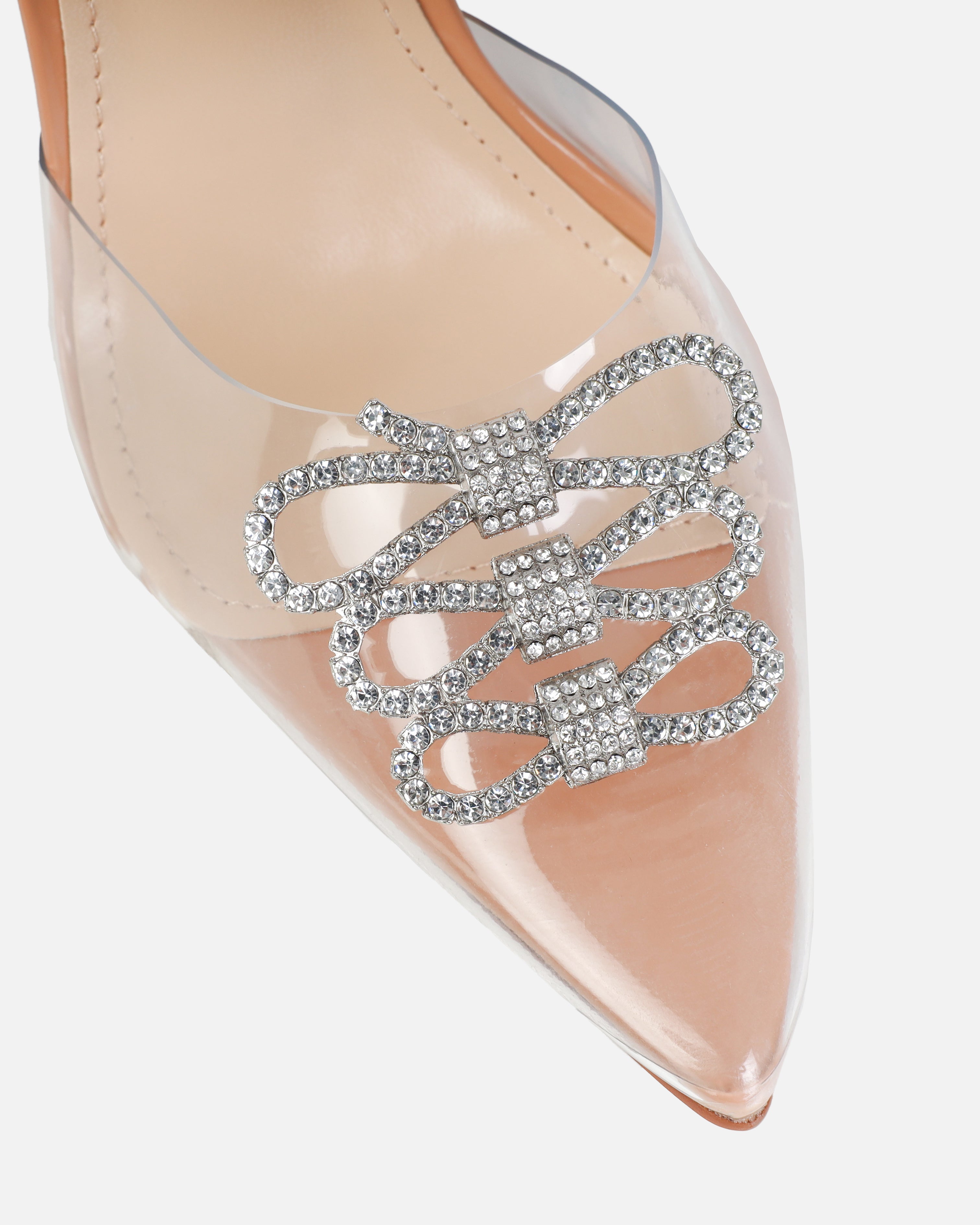 Malli Nude Clear Diamante Bow Slingback Court Heels | SIMMI London