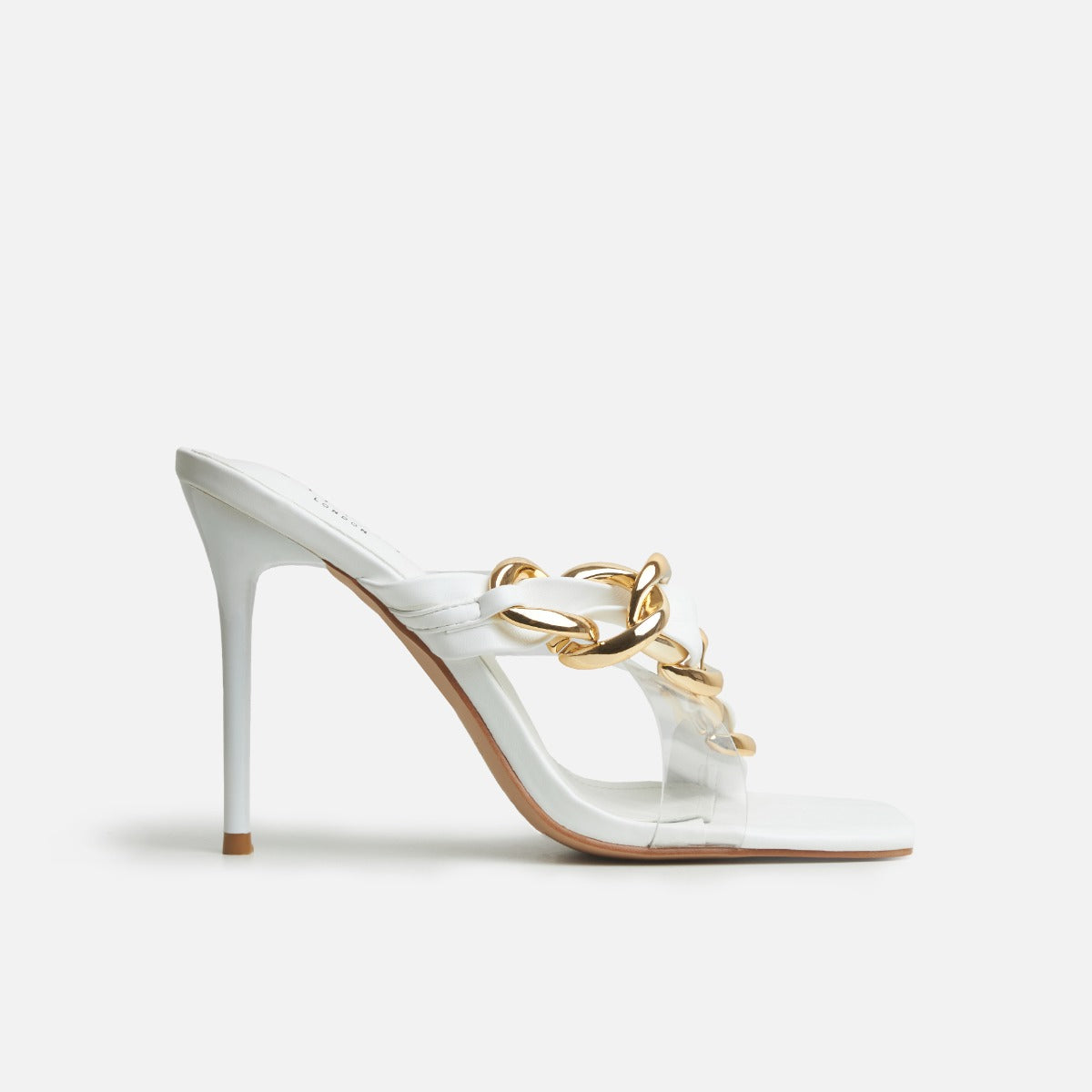 Saige Clear White Asymmetric Chain High Heel Mules | SIMMI London