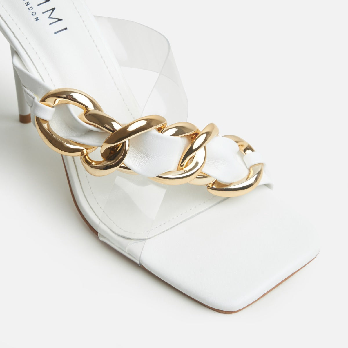 Saige Clear White Asymmetric Chain High Heel Mules | SIMMI London