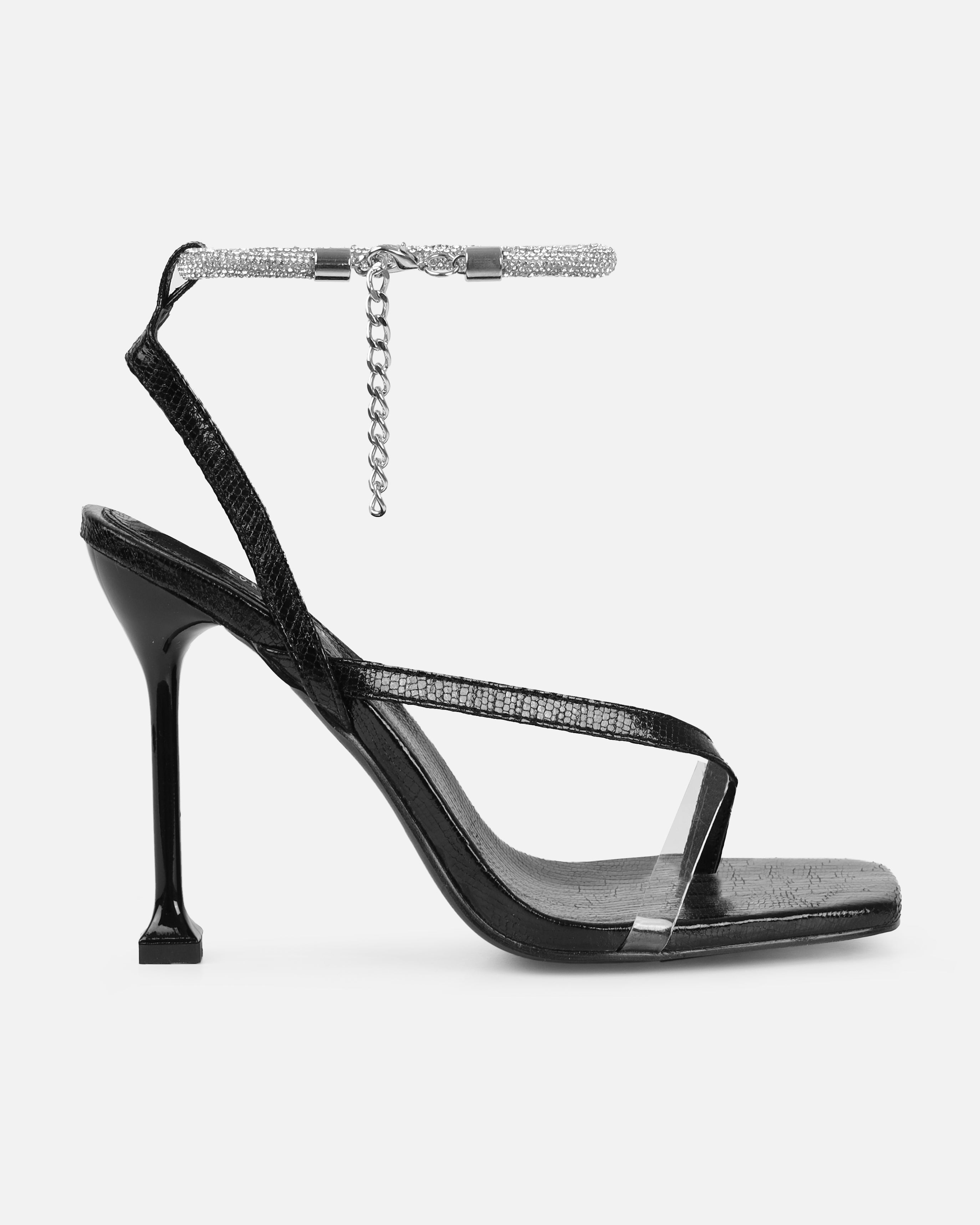 Esmaria Black Faux Lizard Print Clear Diamante Toe Thong Heels | SIMMI London