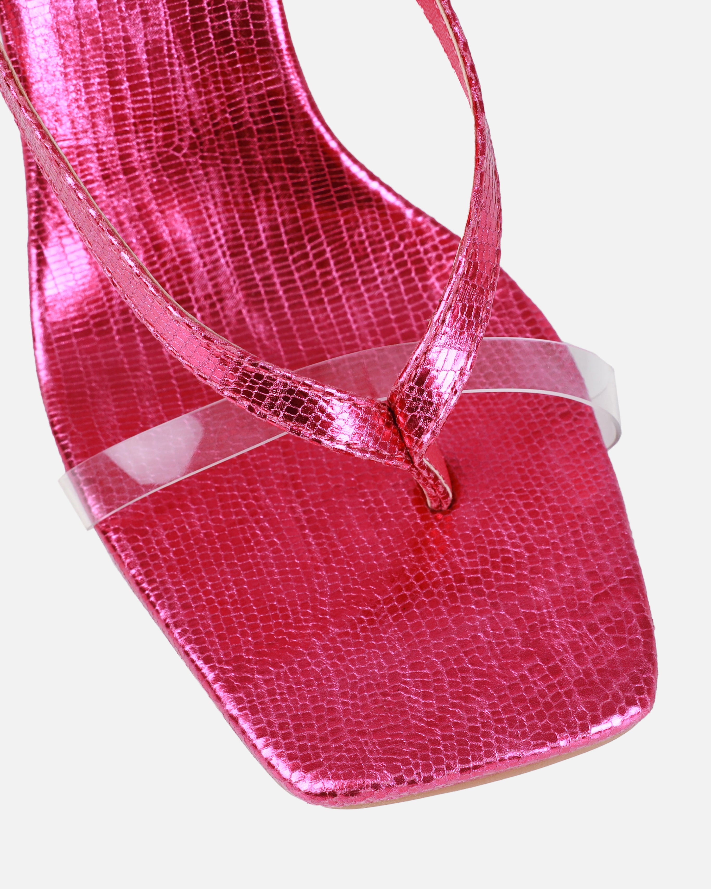 Esmaria Pink Faux Lizard Print Clear Diamante Toe Thong Heels | SIMMI London