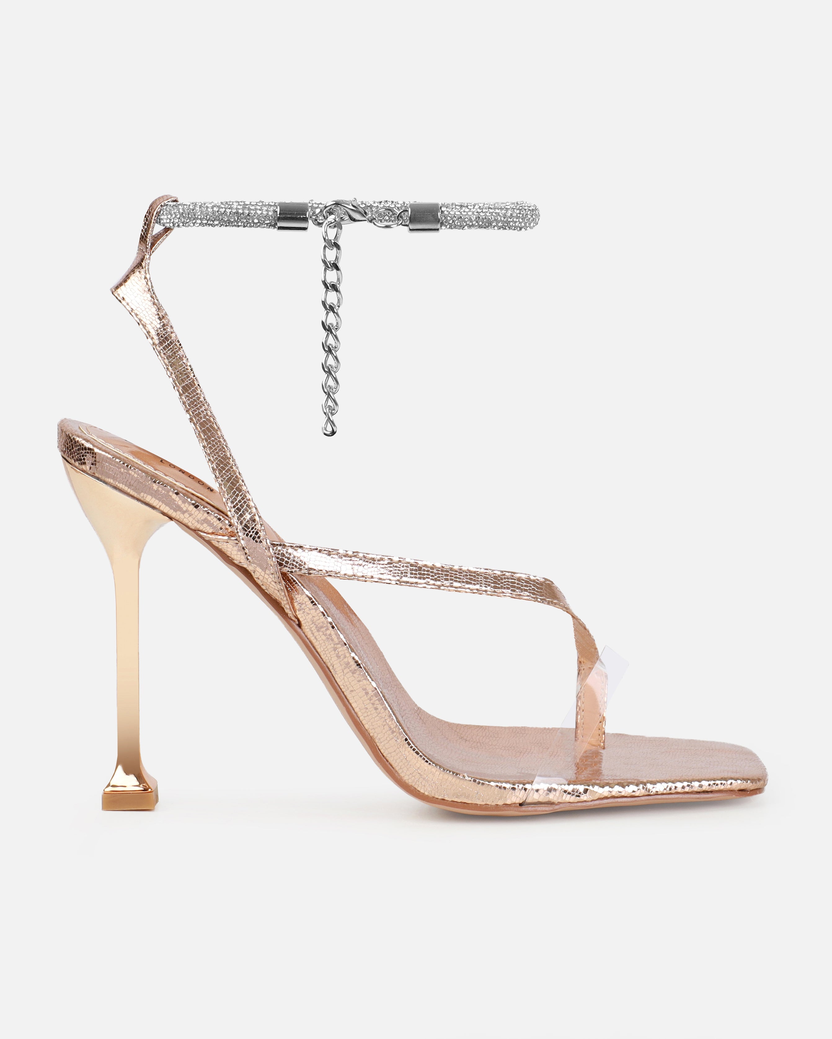 Esmaria Rose Gold Faux Lizard Print Clear Diamante Toe Thong Heels | SIMMI London