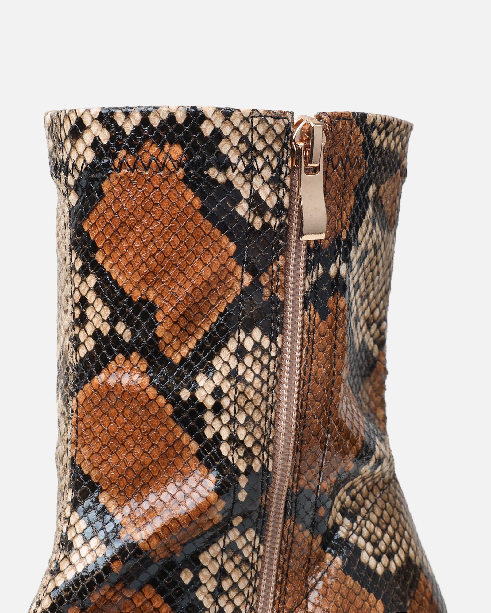 Jude beige snake effect low heel boots with gold heel | SIMMI London