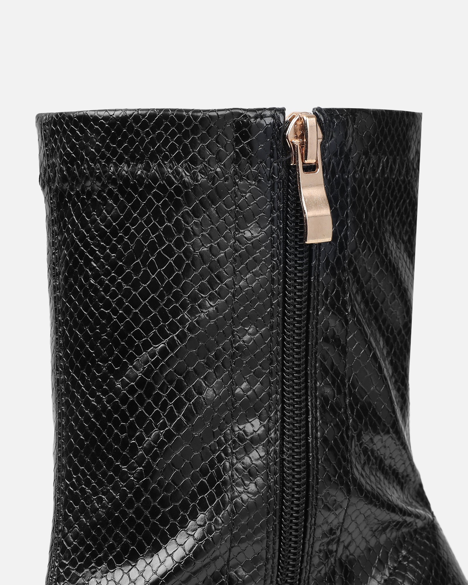 Jude black snake effect low heel boots with gold heel | SIMMI London