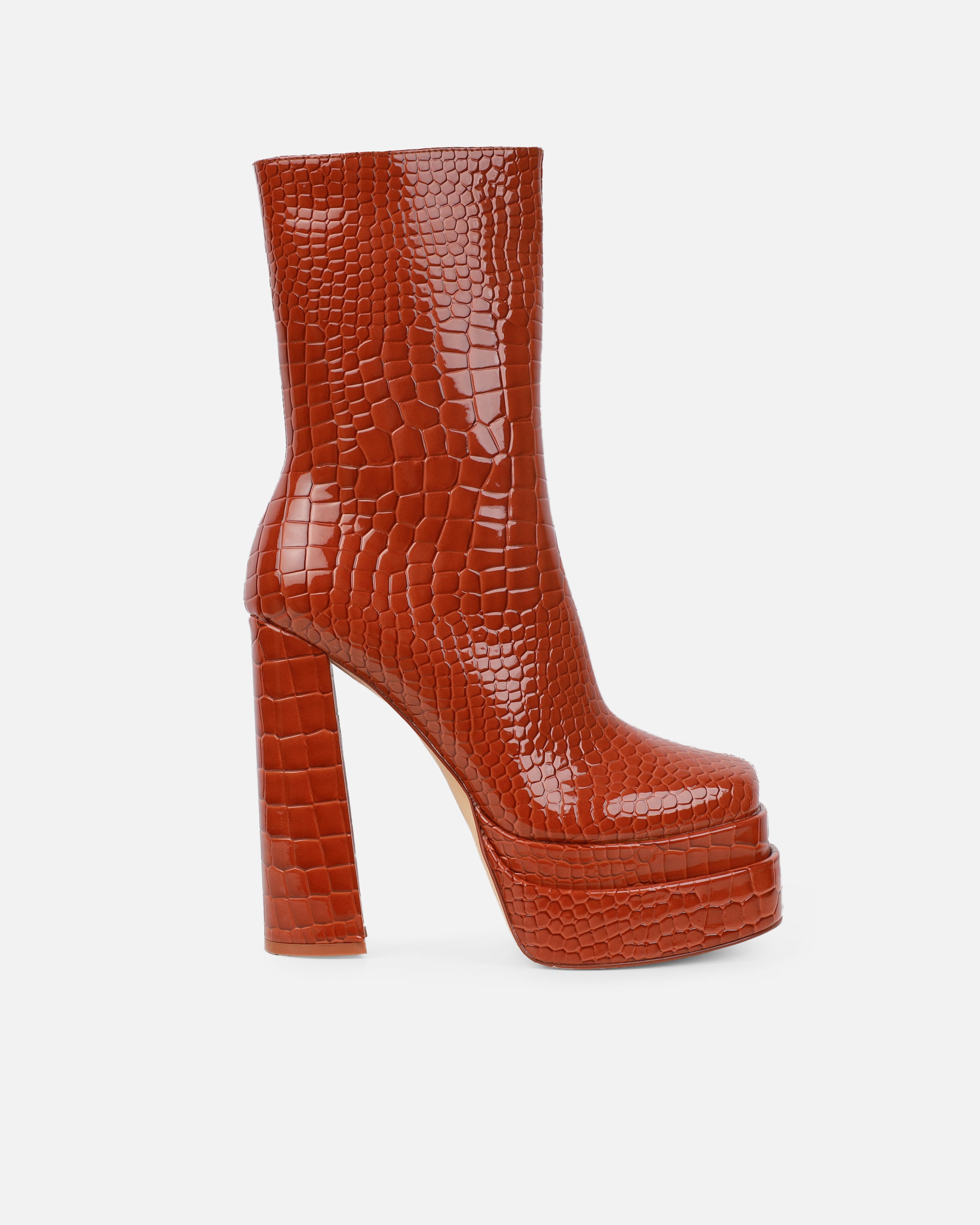 Martha Tan Faux Croc Double Platform Block Heel Ankle Boots | SIMMI London