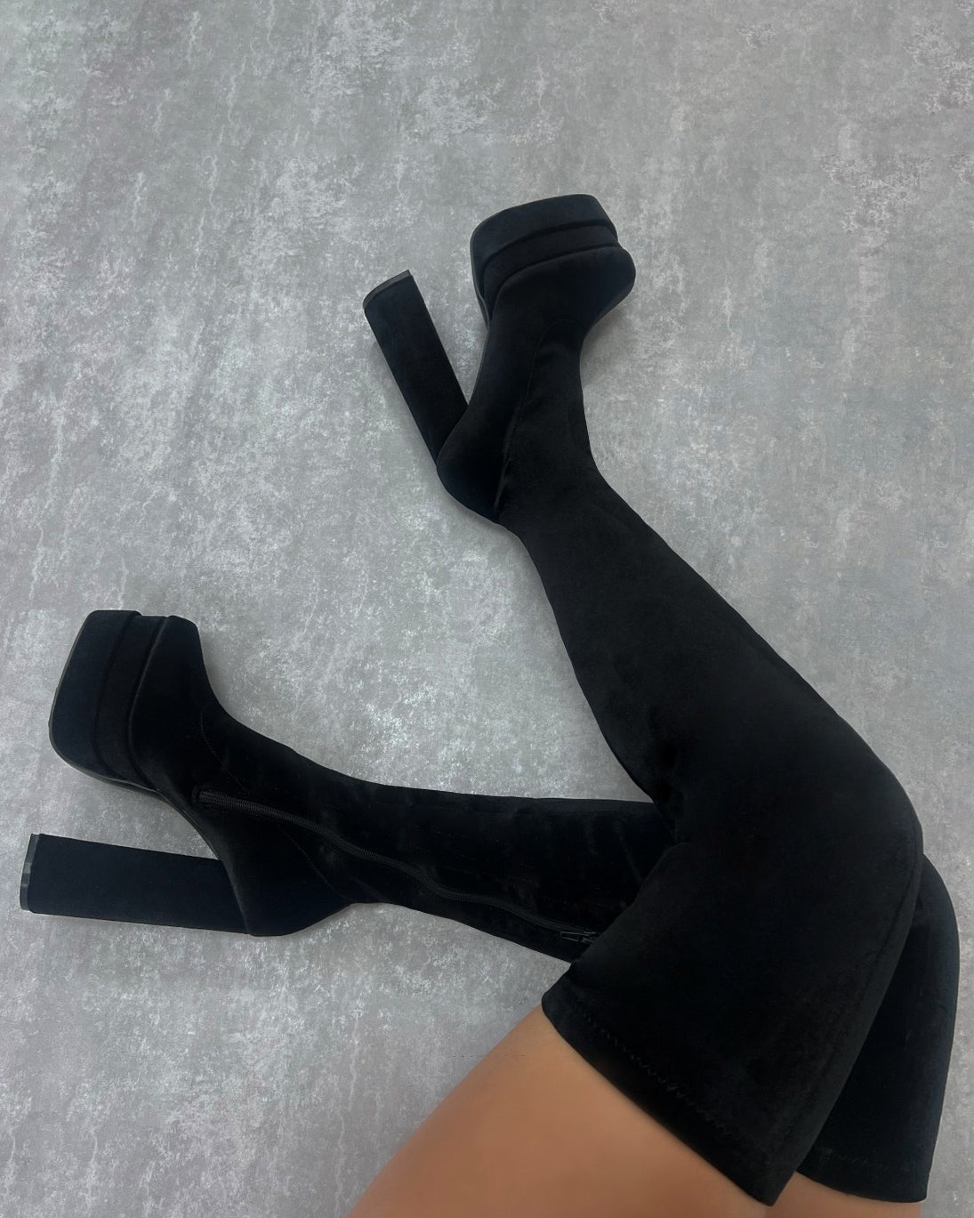 Addams Black Velvet Double Platform Thigh High Boots | SIMMI London