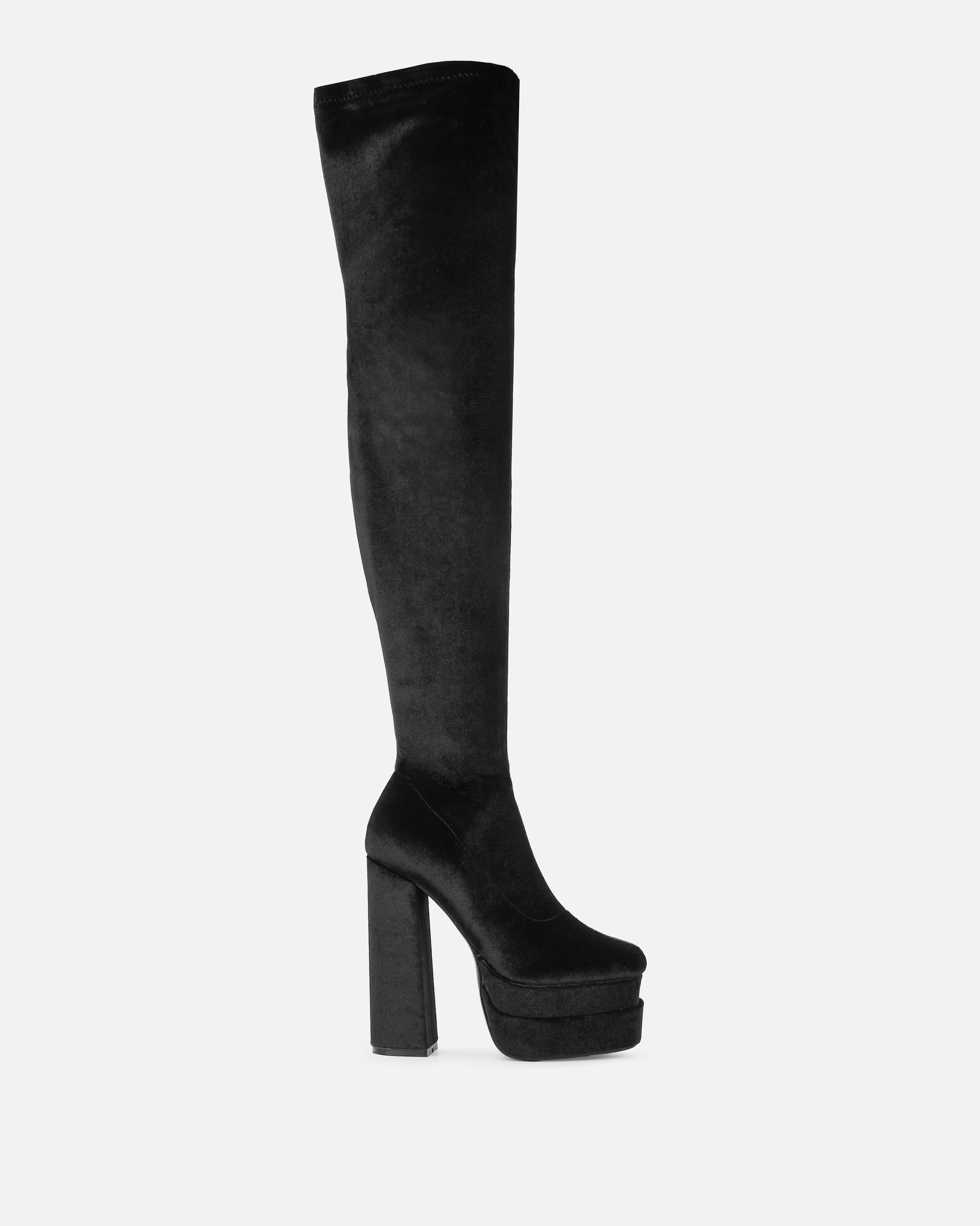 Addams Black Velvet Double Platform Thigh High Boots | SIMMI London
