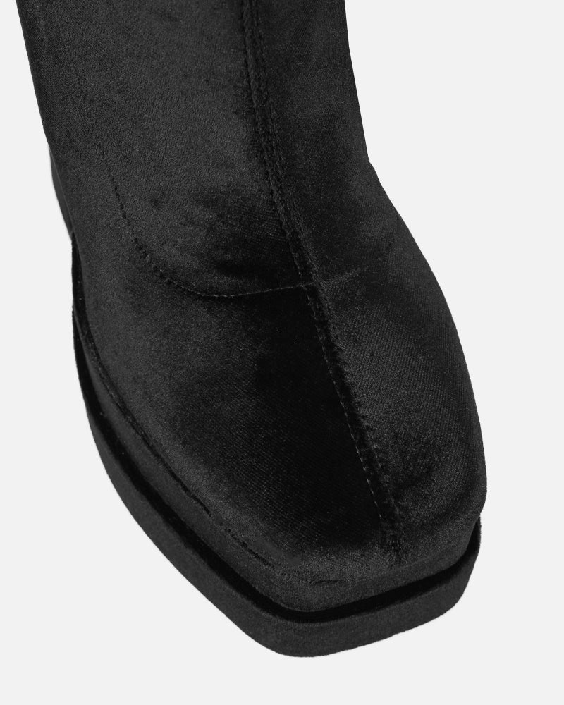 Addams Black Velvet Double Platform Thigh High Boots | SIMMI London