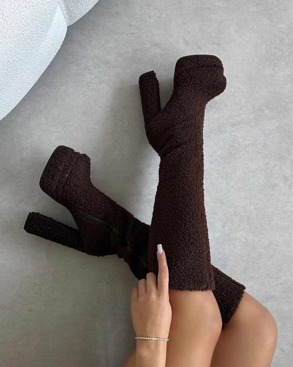 Cayman Brown Teddy Faux Fur Platform Boots | SIMMI London