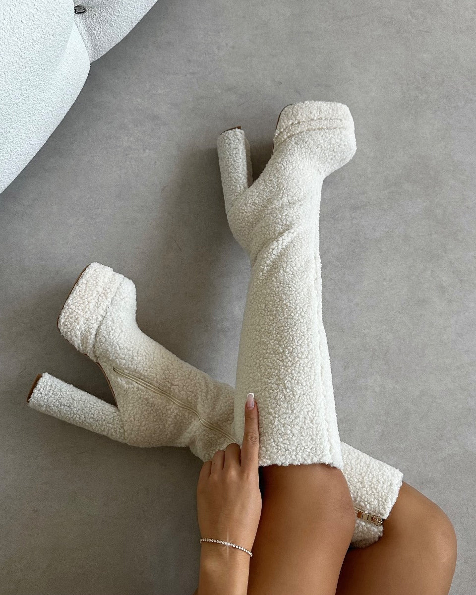 Cayman Cream Teddy Faux Fur Platform Boots | SIMMI London