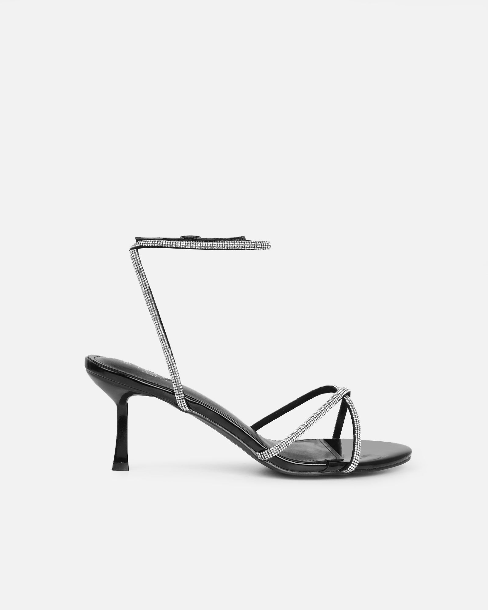 Meesha Black Patent Diamante Mid Heel Sandals | SIMMI London