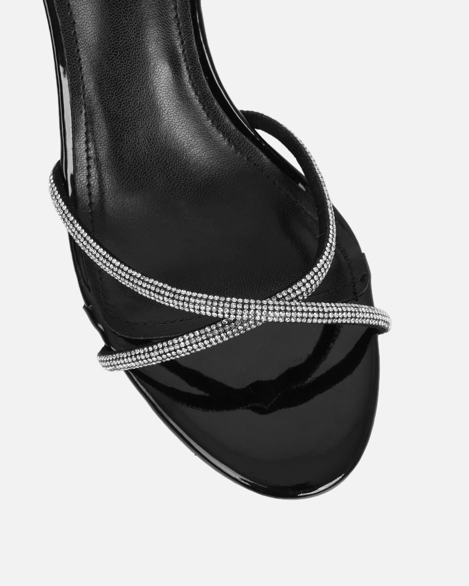 Meesha Black Patent Diamante Mid Heel Sandals | SIMMI London
