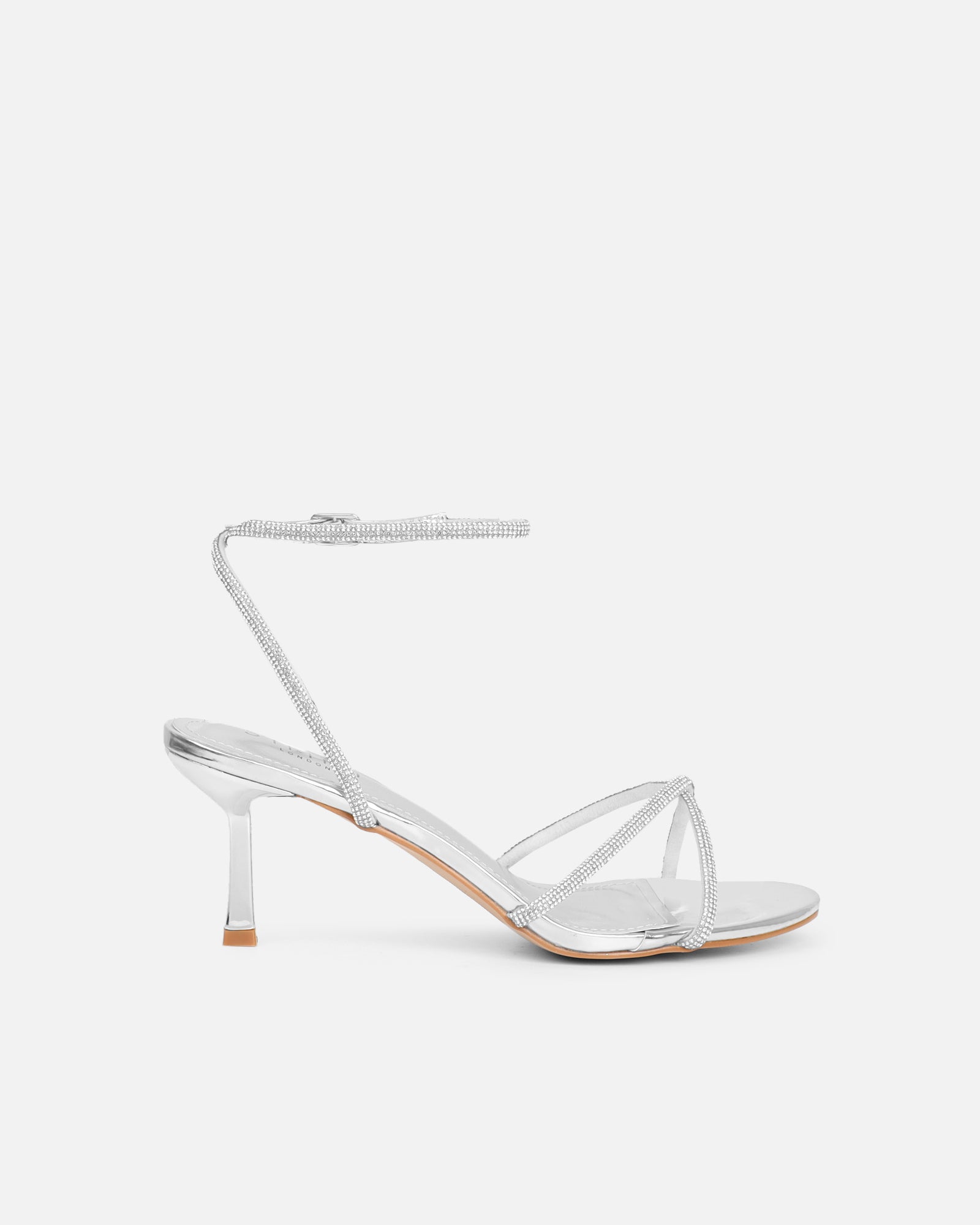 Meesha Silver Mirror Diamante Mid Heel Sandals | SIMMI London