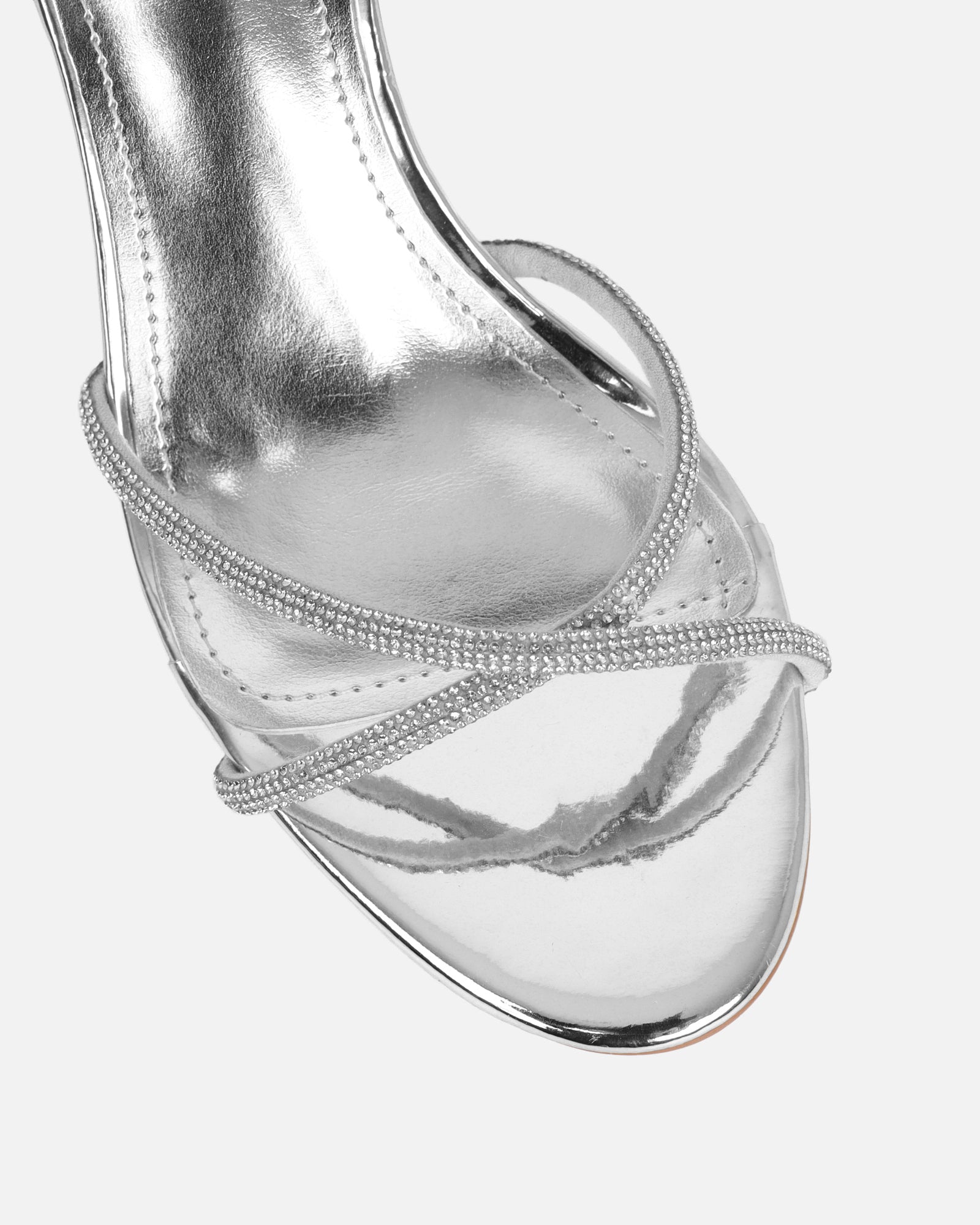 Meesha Silver Mirror Diamante Mid Heel Sandals | SIMMI London