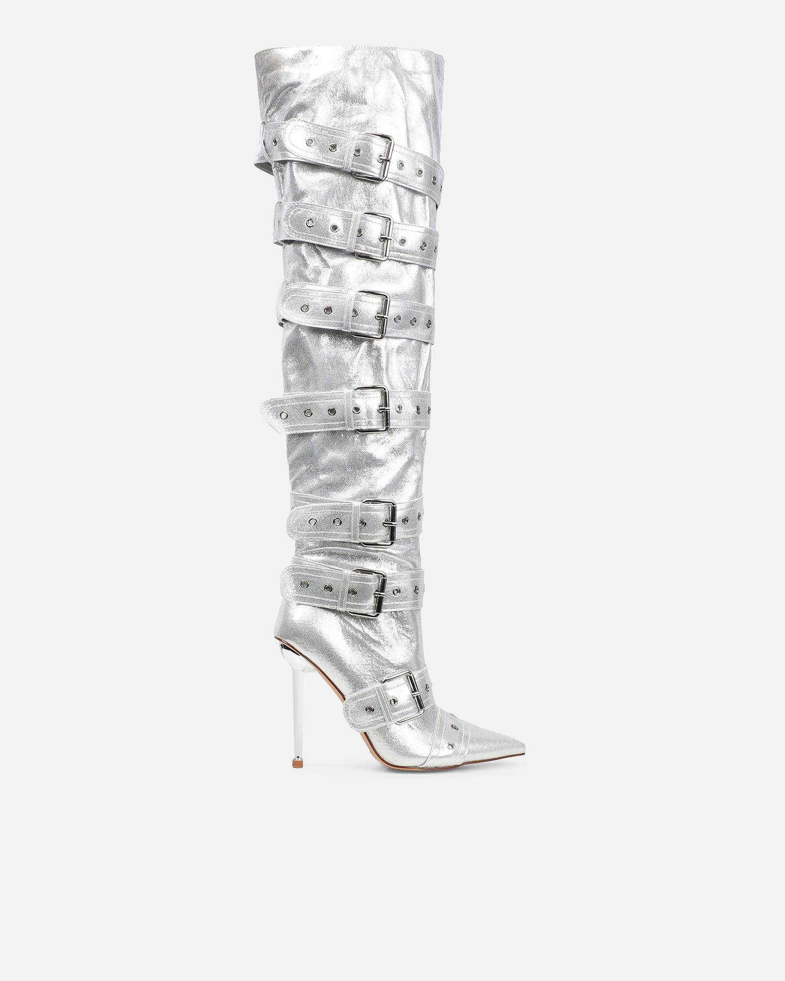 Maxton Silver Denim Multi Buckle Thigh High Boots | SIMMI London