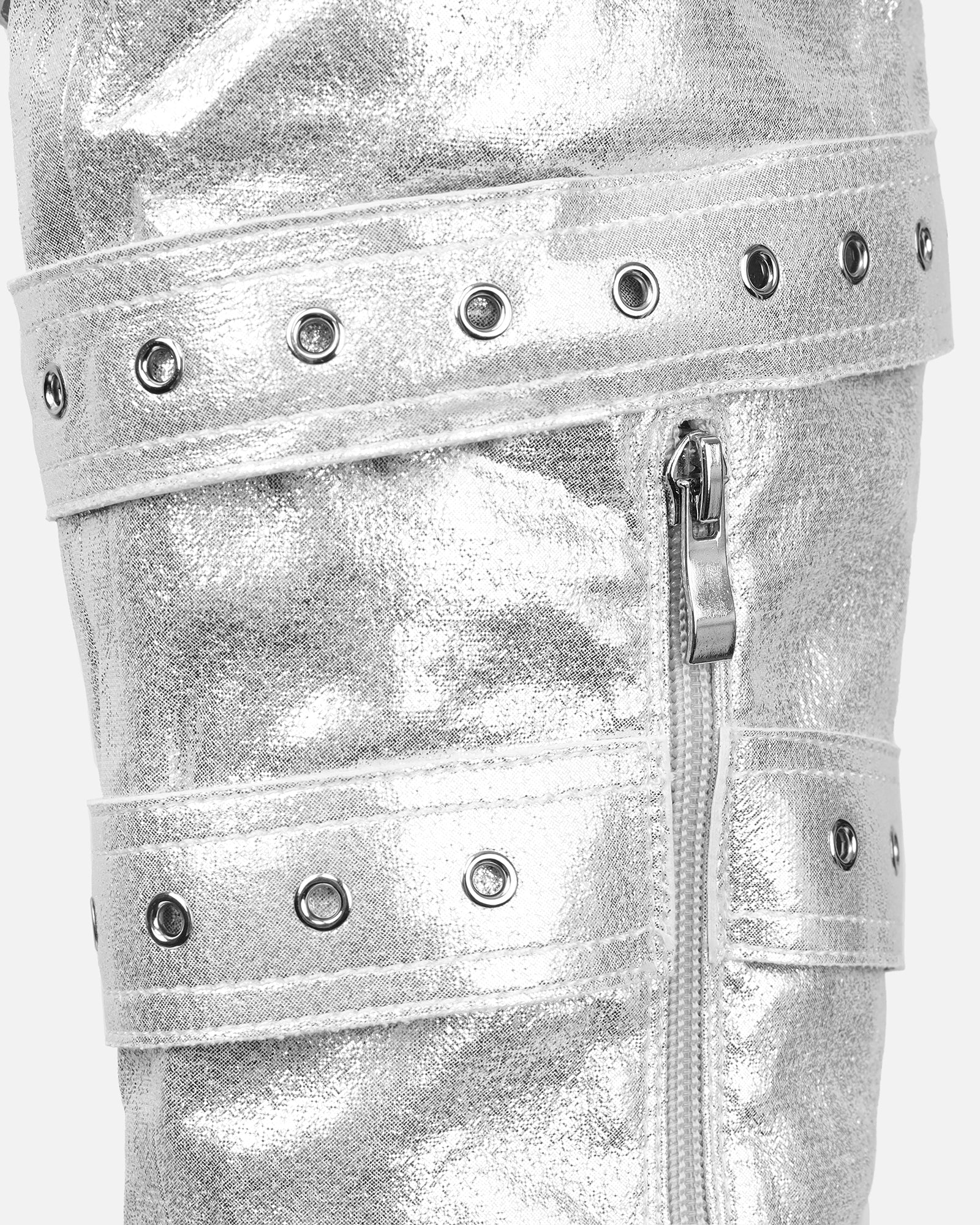 Maxton Silver Denim Multi Buckle Thigh High Boots | SIMMI London