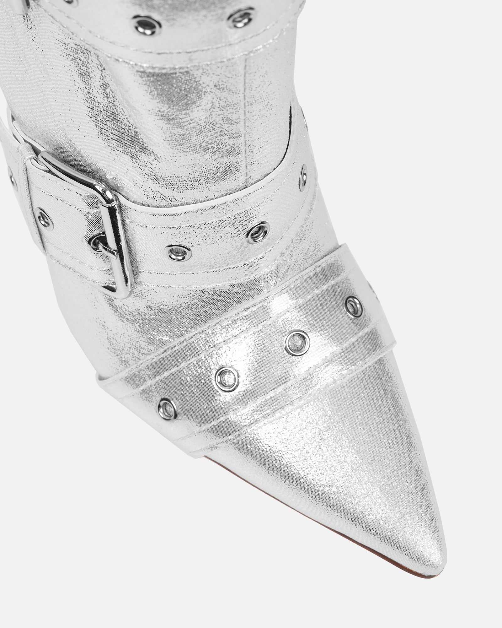 Maxton Silver Denim Multi Buckle Thigh High Boots | SIMMI London