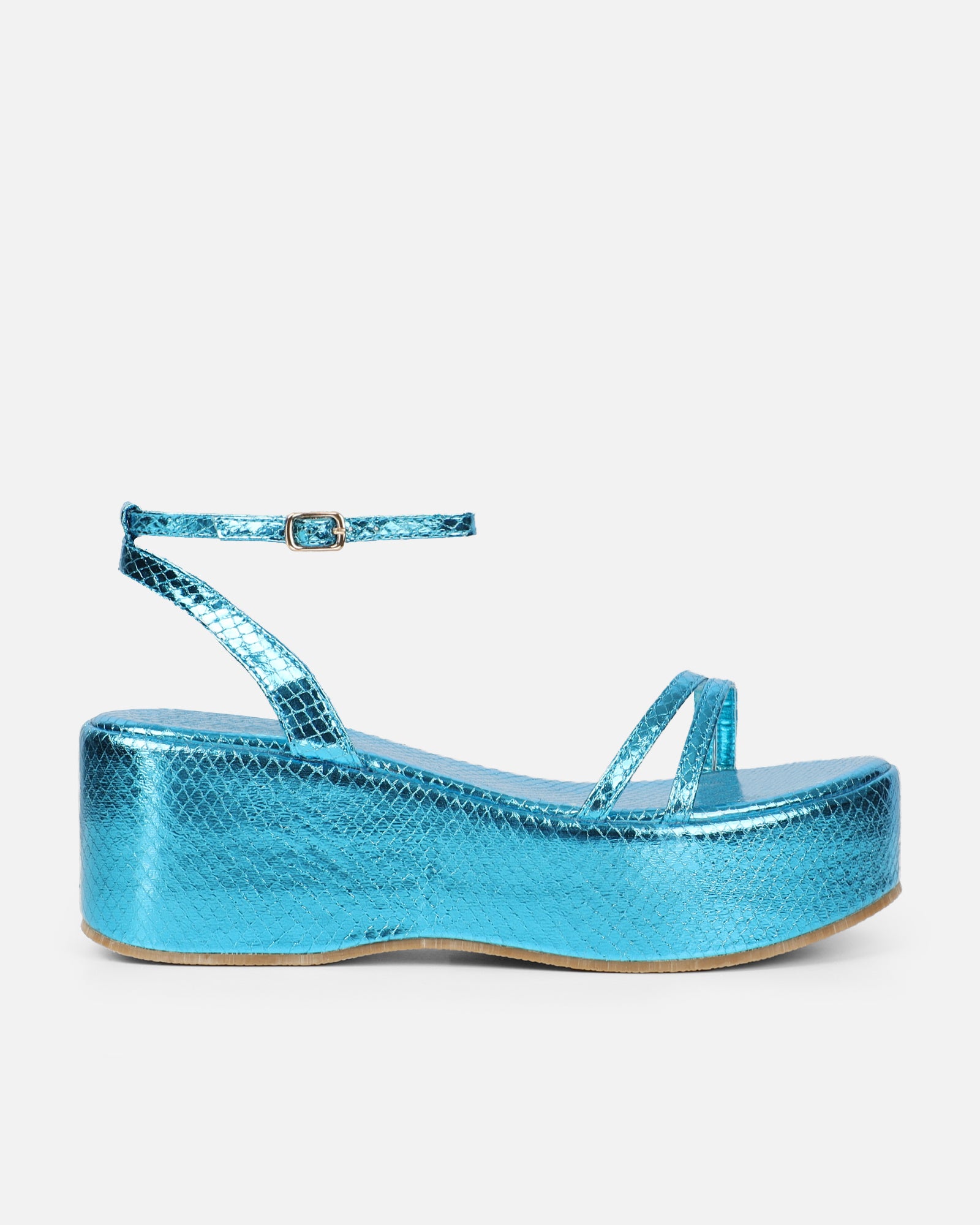 Mazey Blue Snake Effect Flatform Sandals | SIMMI London
