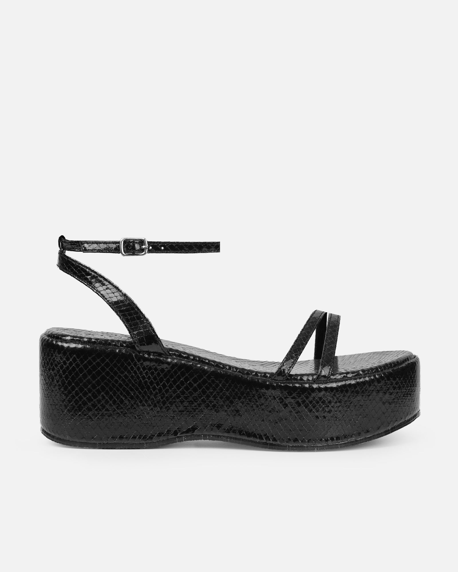 Mazey Black Snake Effect Flatform Sandals | SIMMI London