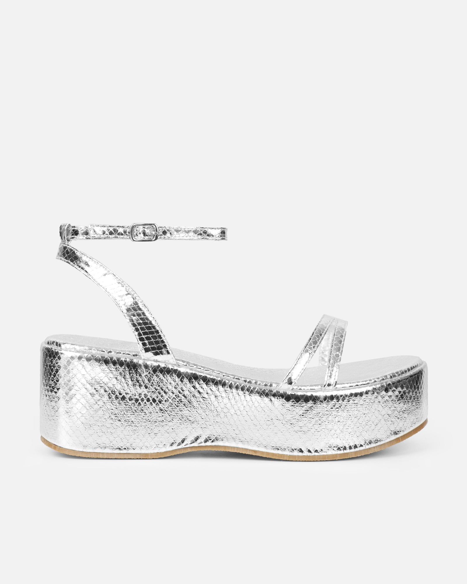 Mazey Silver Snake Effect Flatform Sandals | SIMMI London