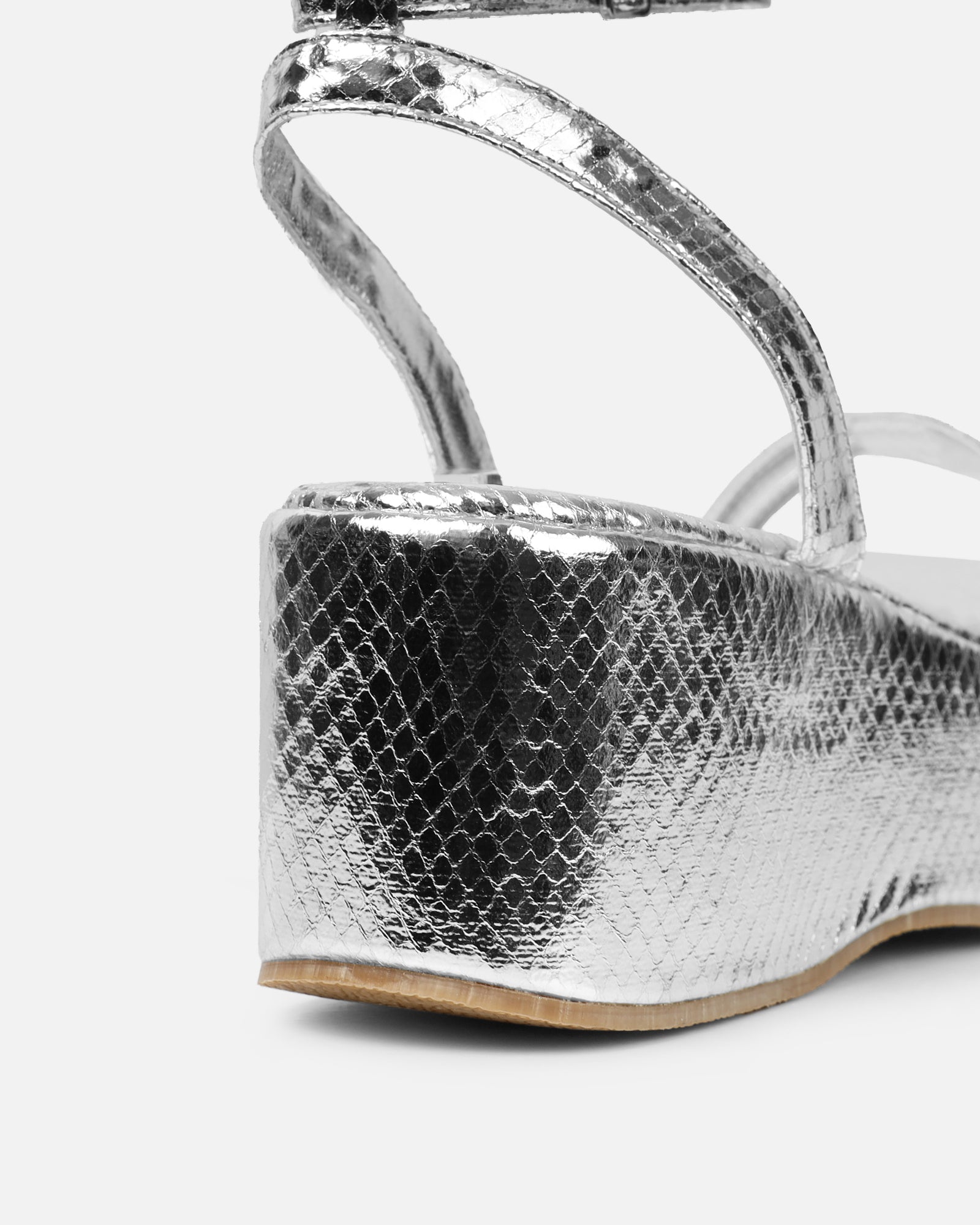 Mazey Silver Snake Effect Flatform Sandals | SIMMI London