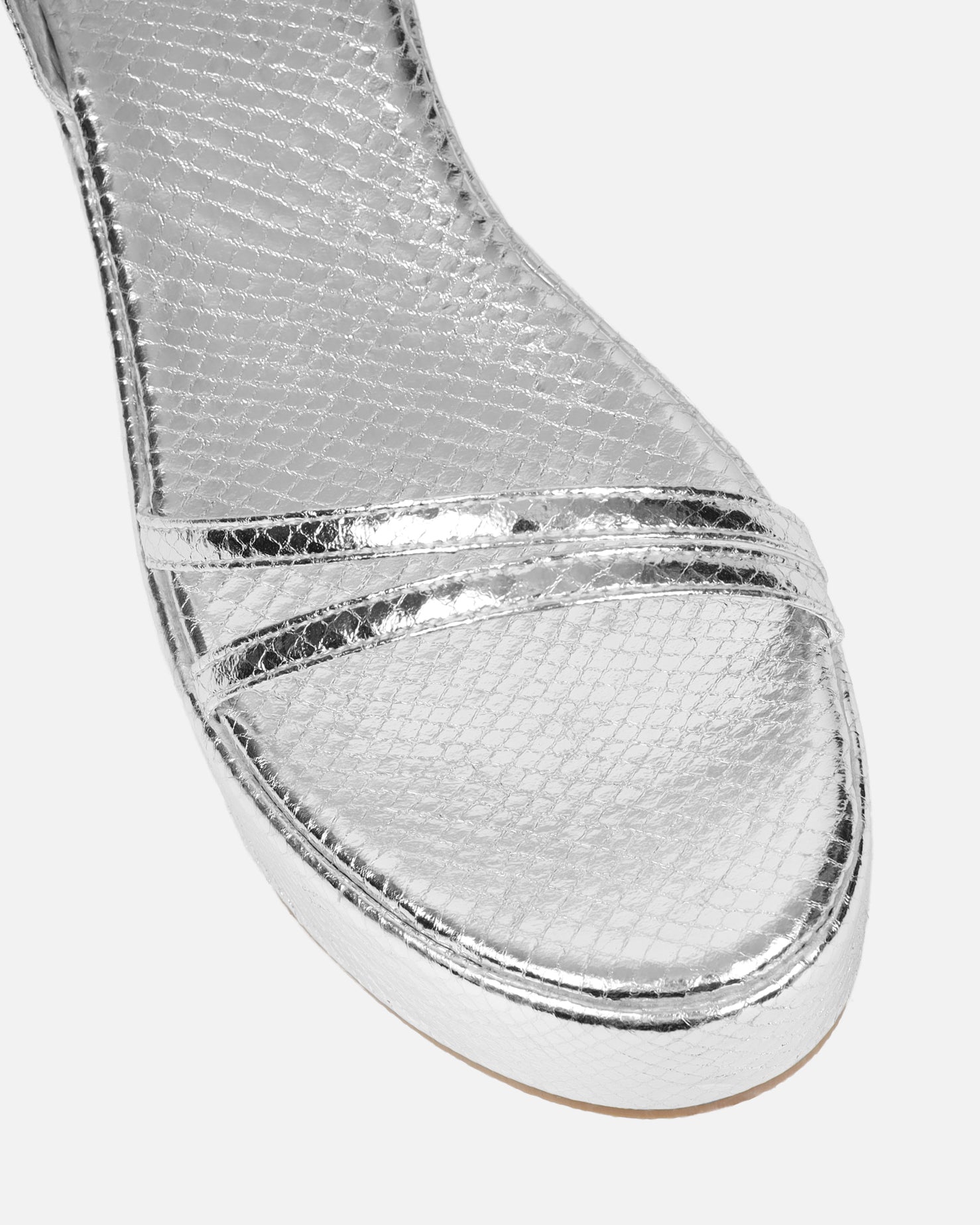 Mazey Silver Snake Effect Flatform Sandals | SIMMI London