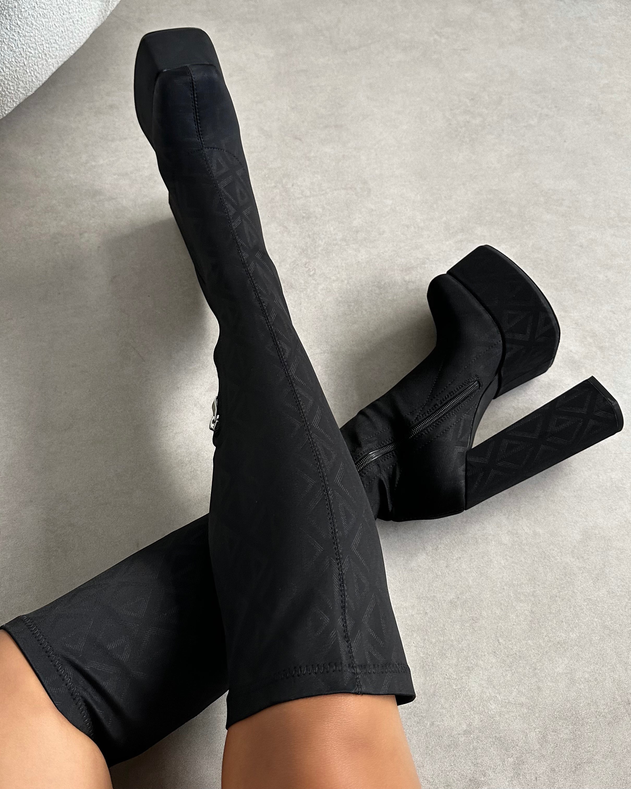 Franks Black Stretch Printed Knee Boots | SIMMI London