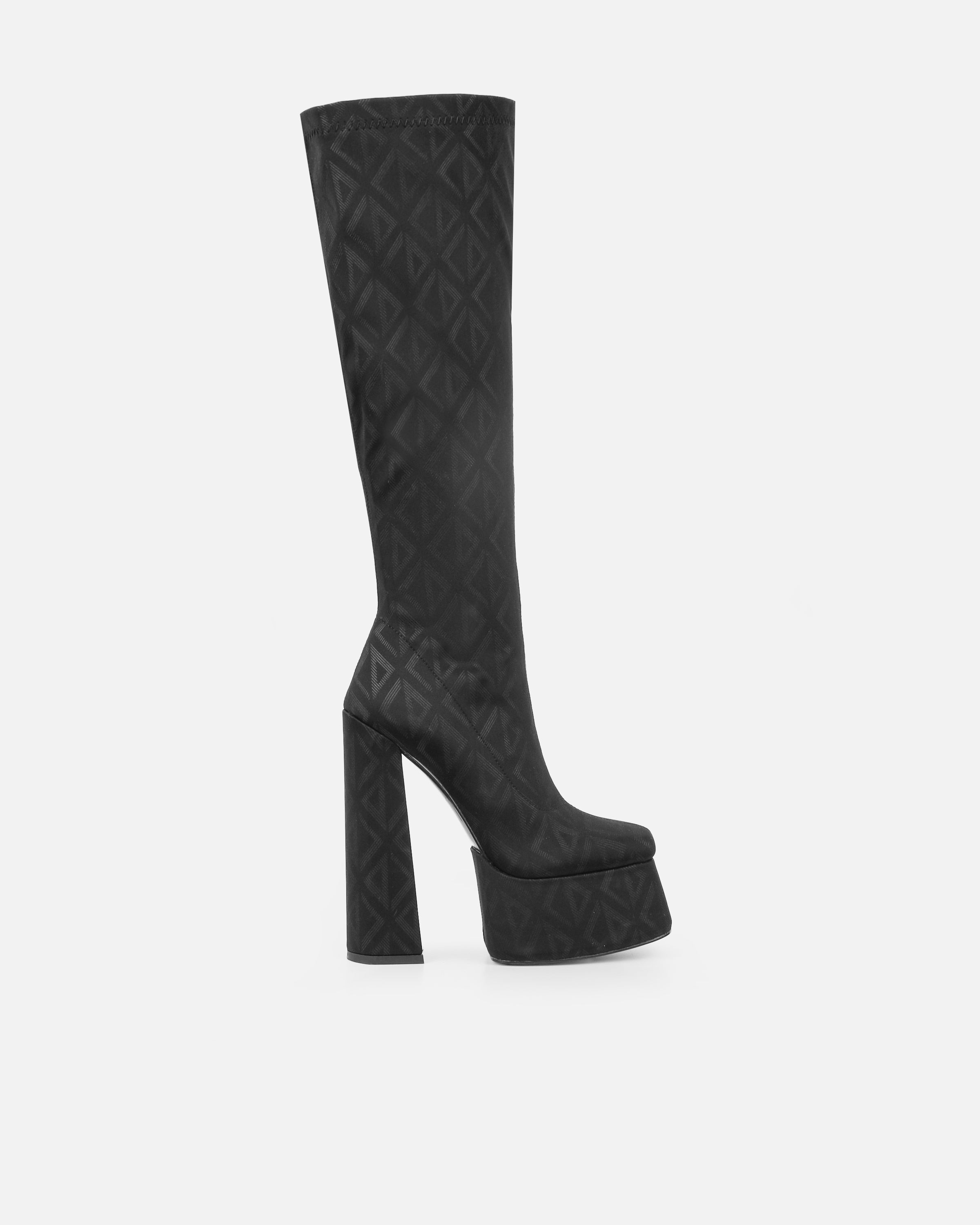 Franks Black Stretch Printed Knee Boots | SIMMI London