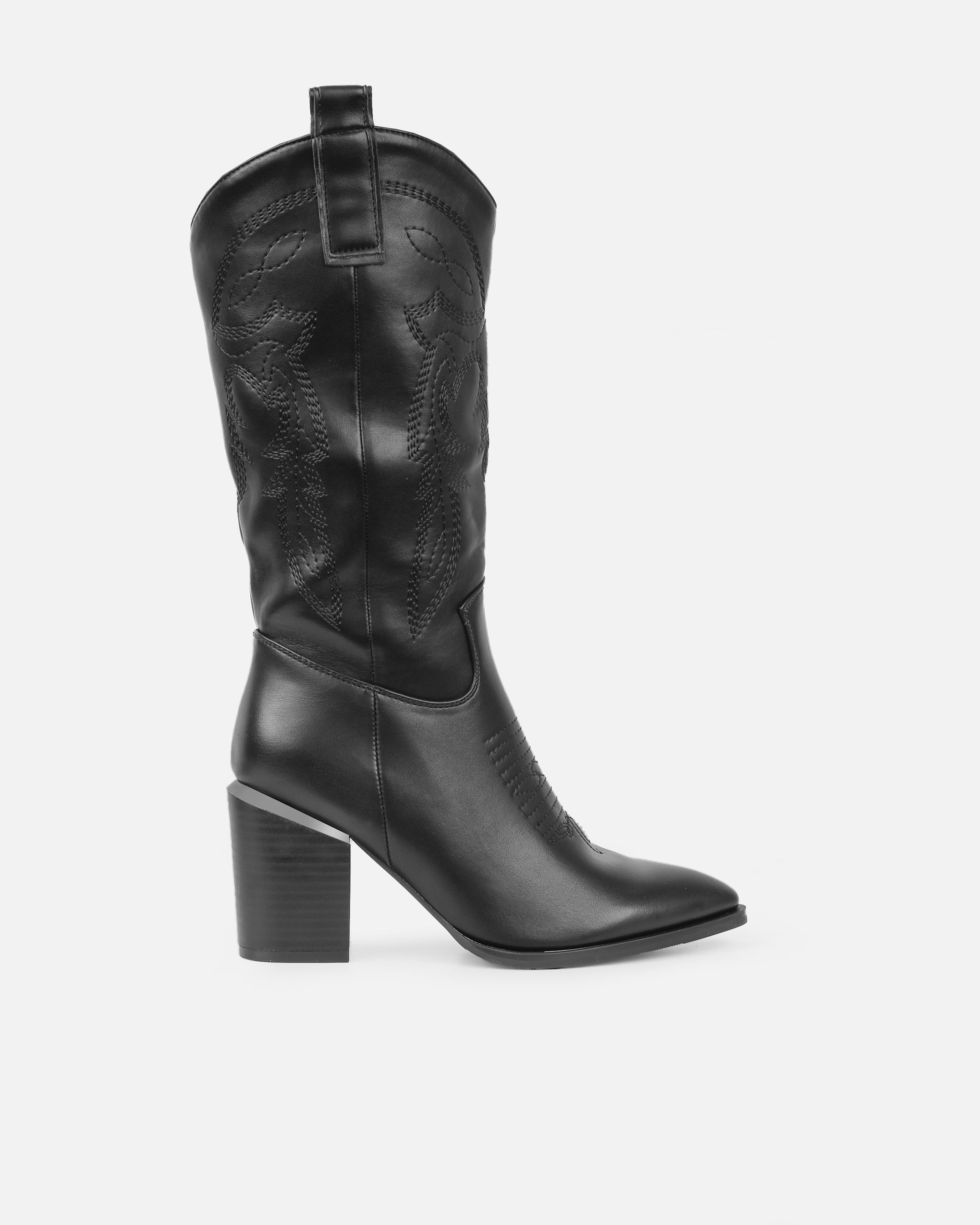 Millan Black Block Heel Calf Western Boots | SIMMI London