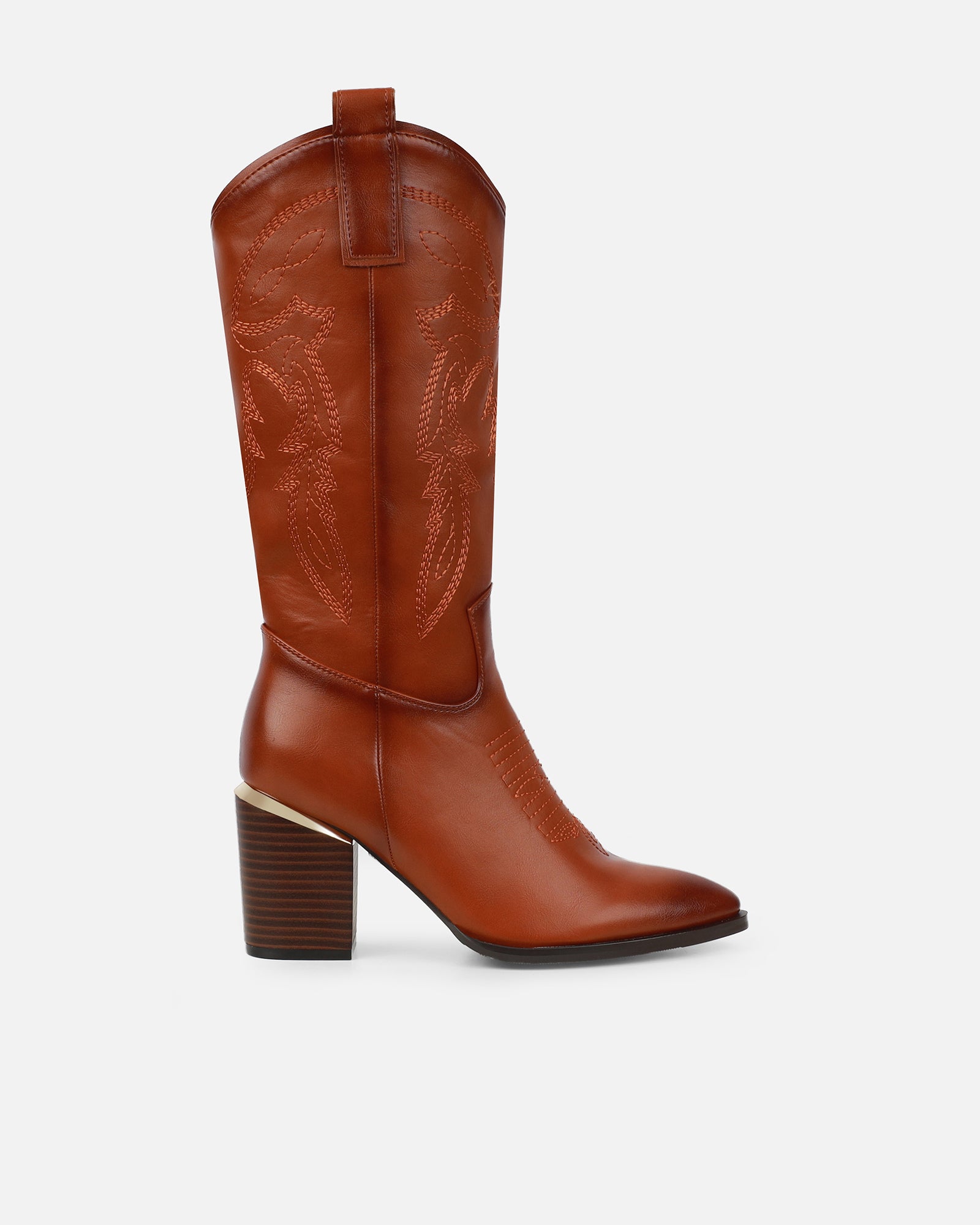 Millan Tan Block Heel Calf Western Boots | SIMMI London