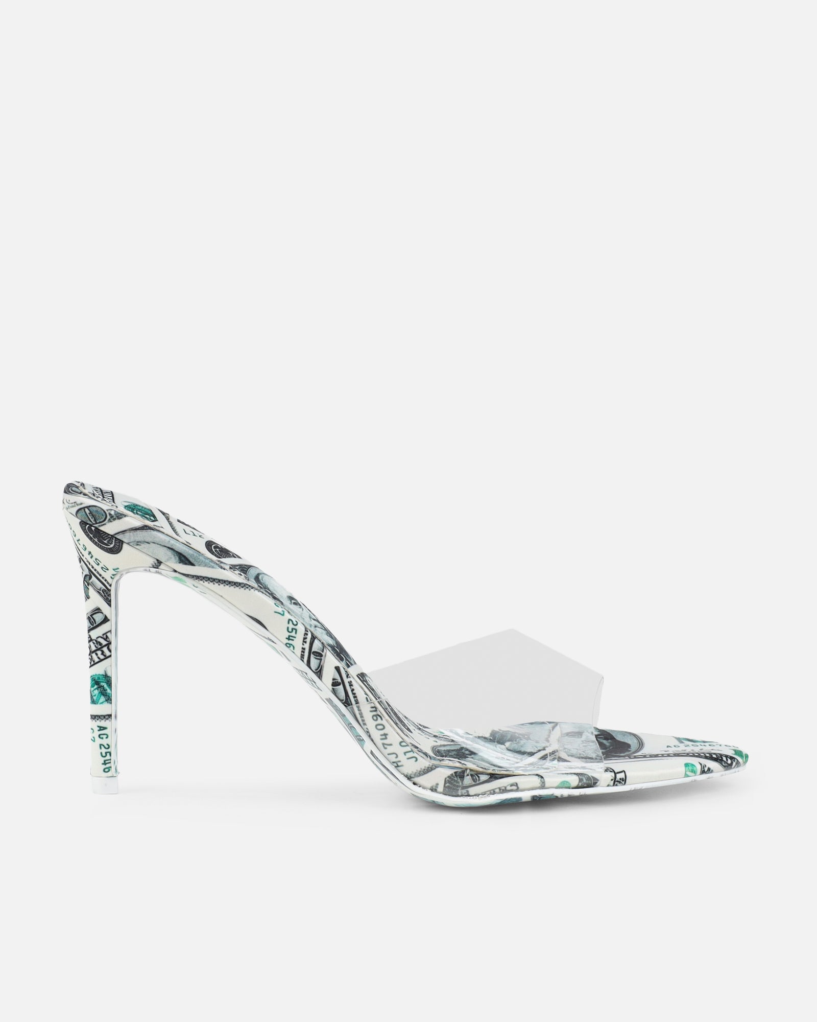 Millionaire Green Dollar Print Perspex Mule Sandals | SIMMI London