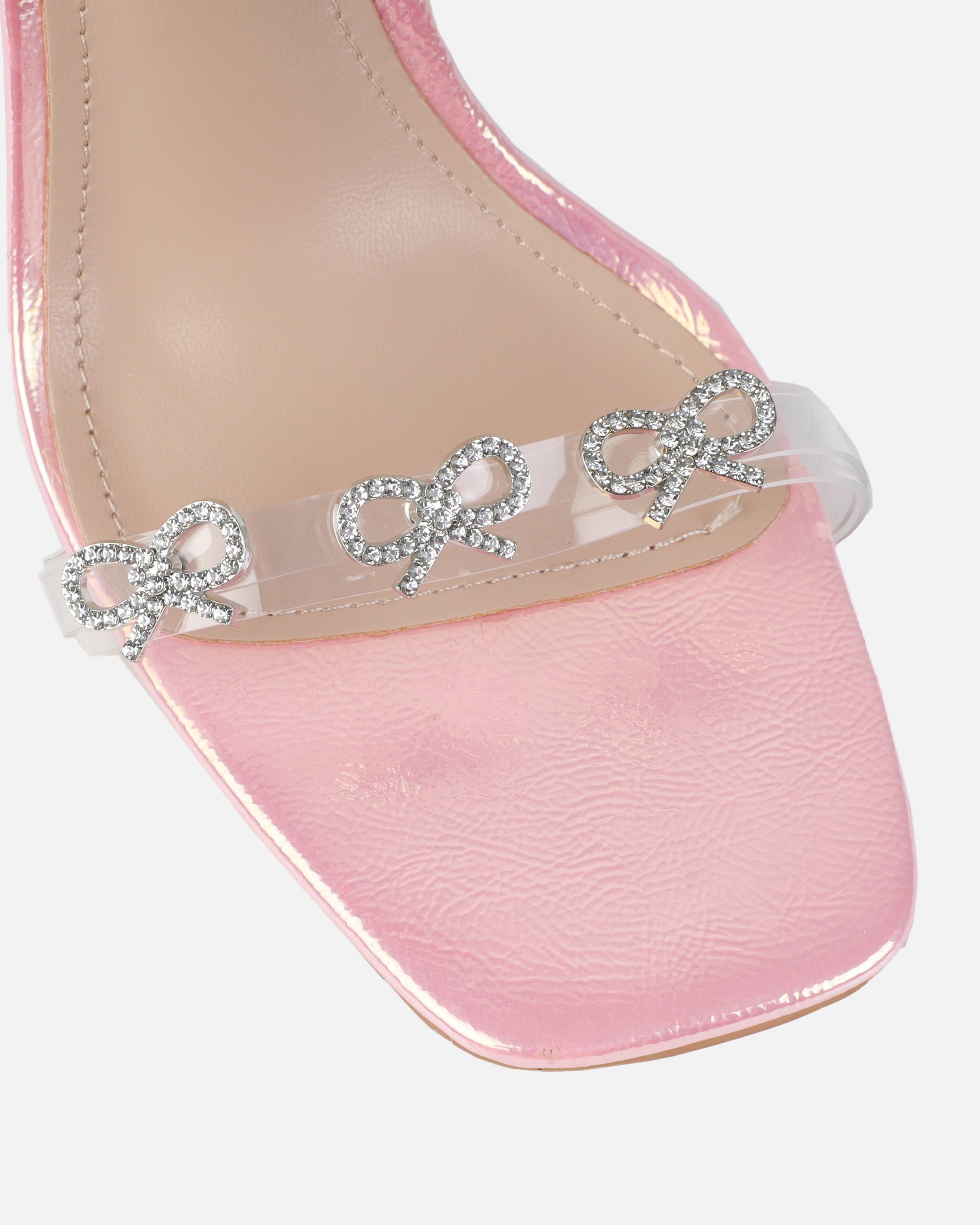 Bow pink iridescent diamante bow trim heels | SIMMI London
