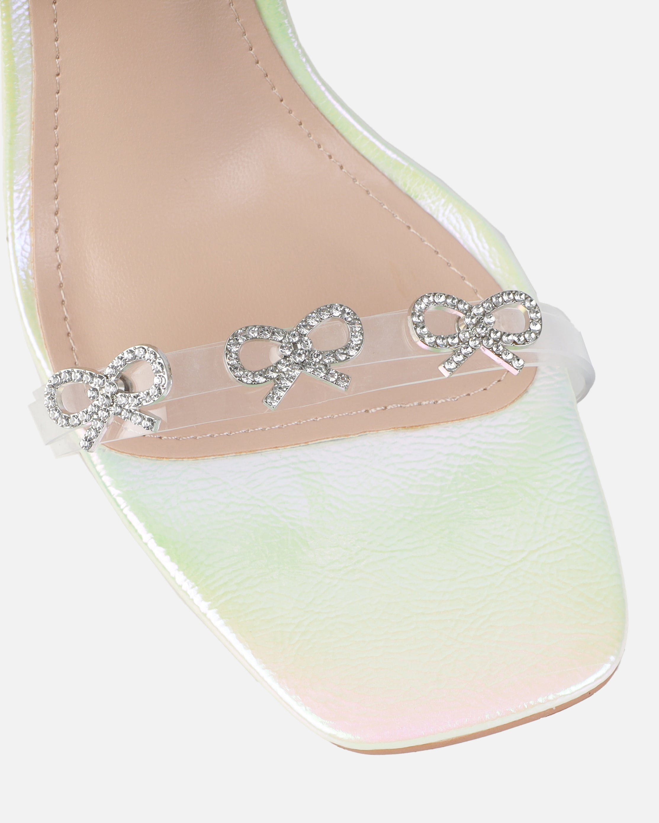 Bow white iridescent diamante bow trim heels | SIMMI London